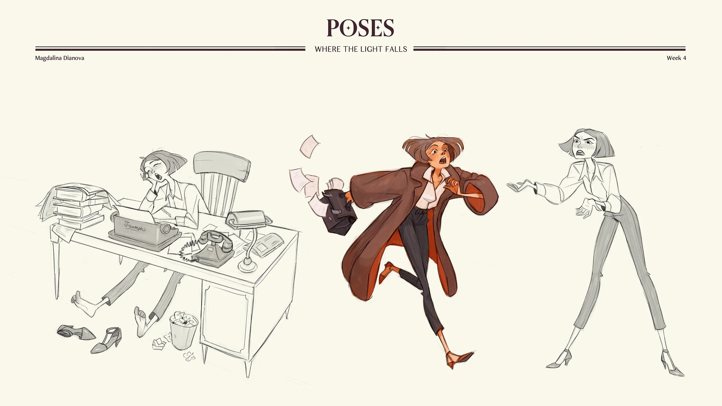 Illustration of a woman running away from a coworker while another coworker, sitting at her desk, looks surprised and frustrated. The scene shows a cluttered office with papers, a typewriter, telephone, and trash bin.