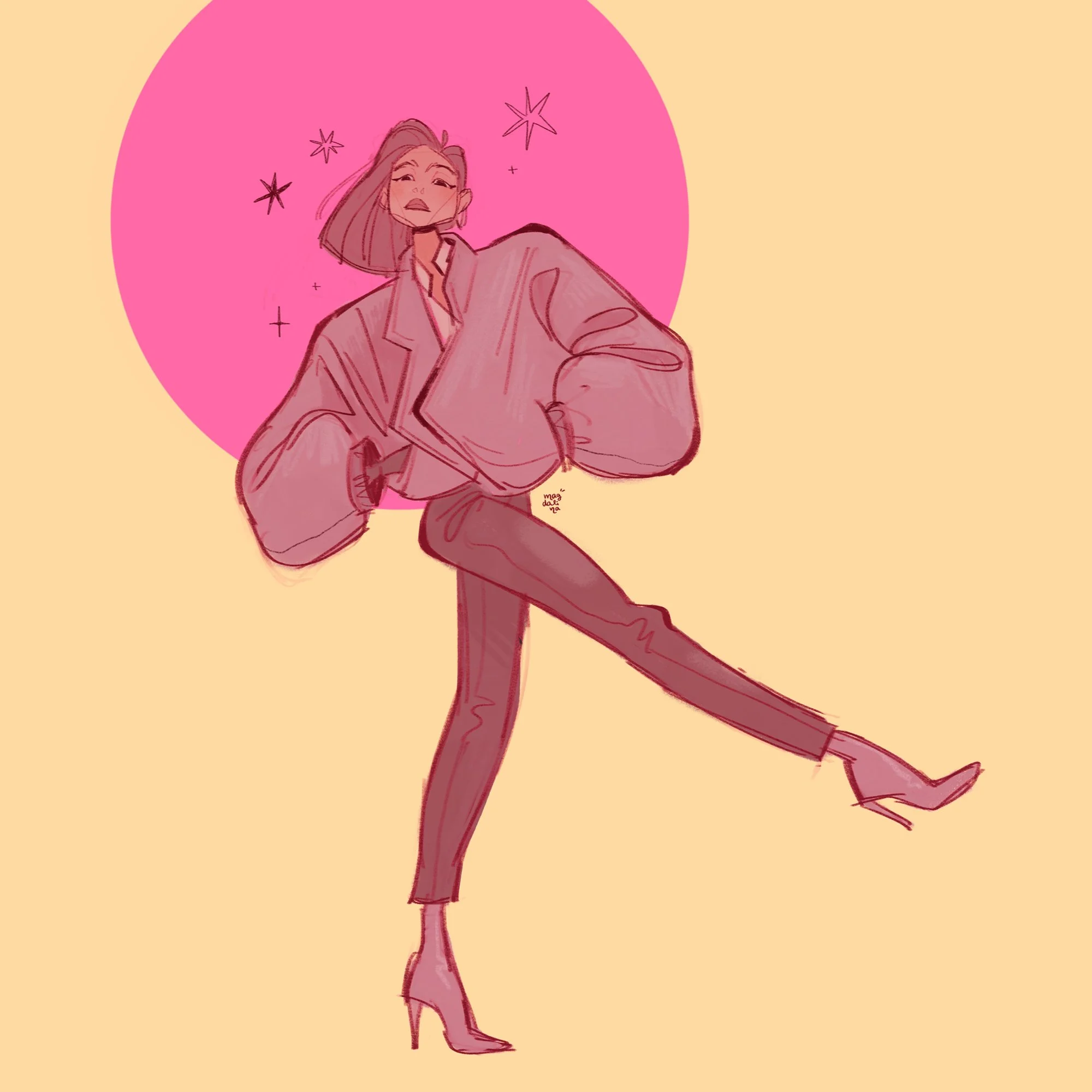 Stylized digital illustration of a fashionable woman in a blazer, fitted pants, and high heels, striking a confident pose against a pink circle background with star embellishments.