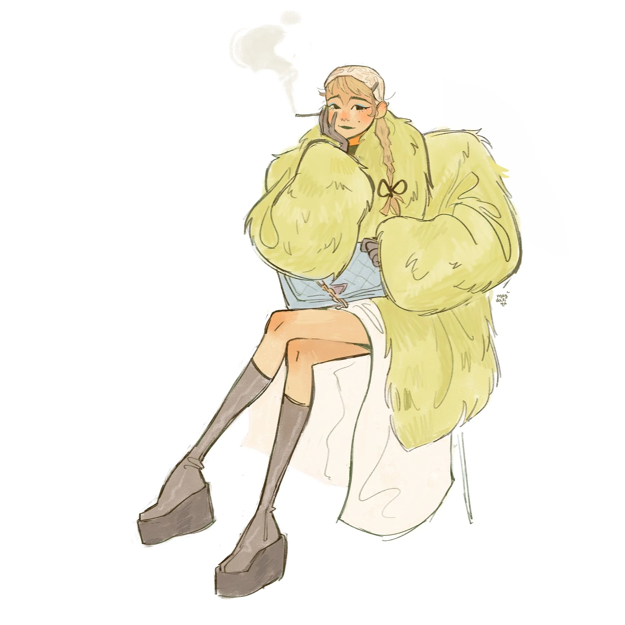 Fashionable lady inspired by Gatsby and modern fashion, wearing a lime green fluffy coat, platform boots, braided hair and a lace scarf, sitting on a chair, smoking a cigarette. 