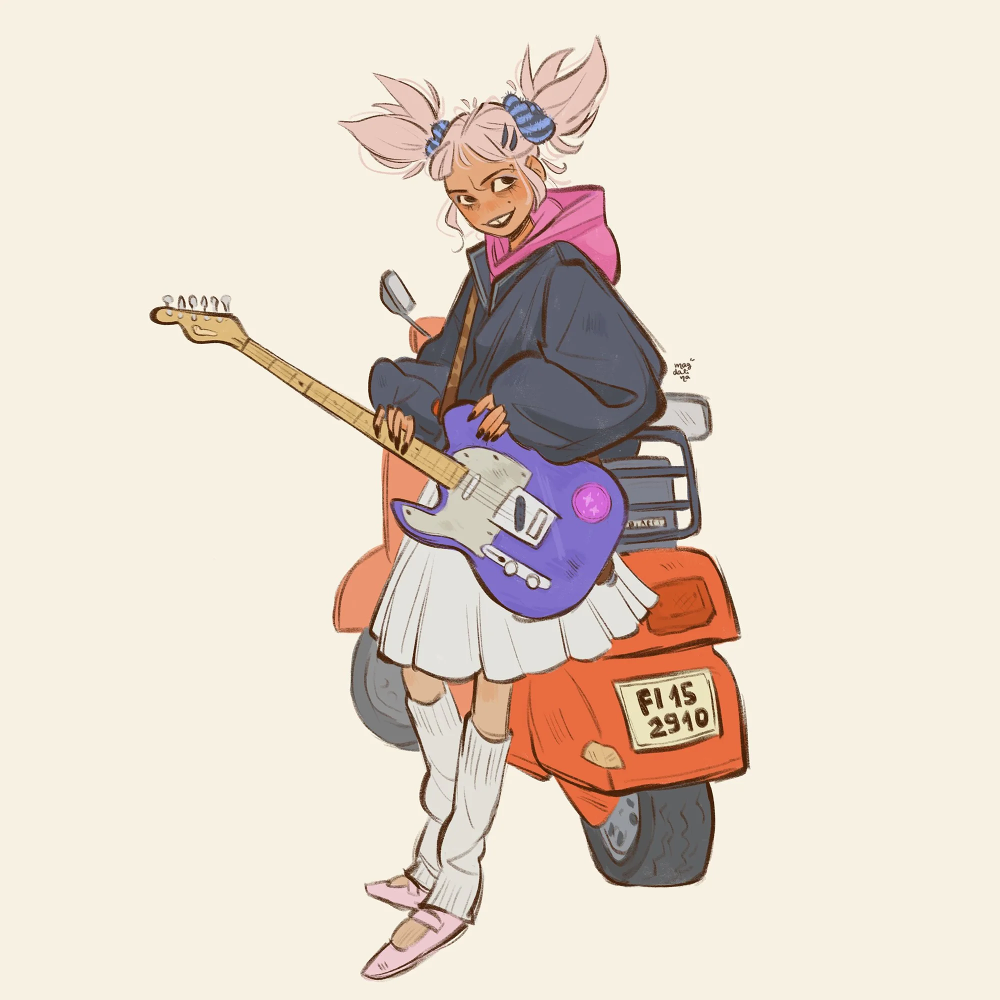 Illustration of a punk-rock ballerina with pink hair in pigtails, holding an electric Telecaster guitar while standing on an orange Vespa scooter. Wearing leg warmers, white dress and a bulky jacket.