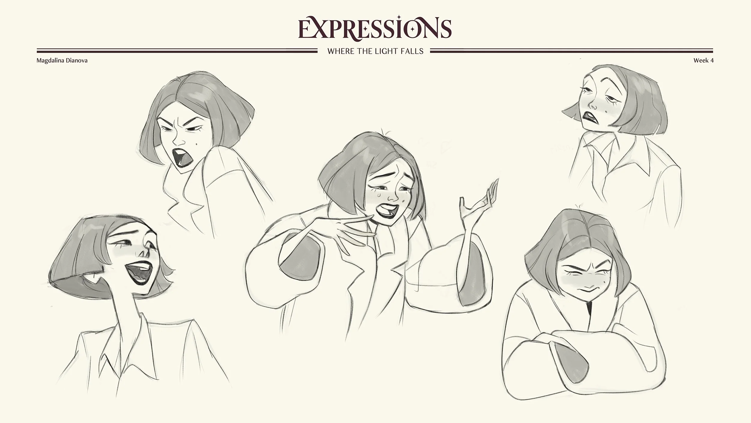 Sketches of a woman showing various emotional expressions, including anger, sadness, happiness, and embarrassment, titled 'Expressions' by Magdalena Dianova.