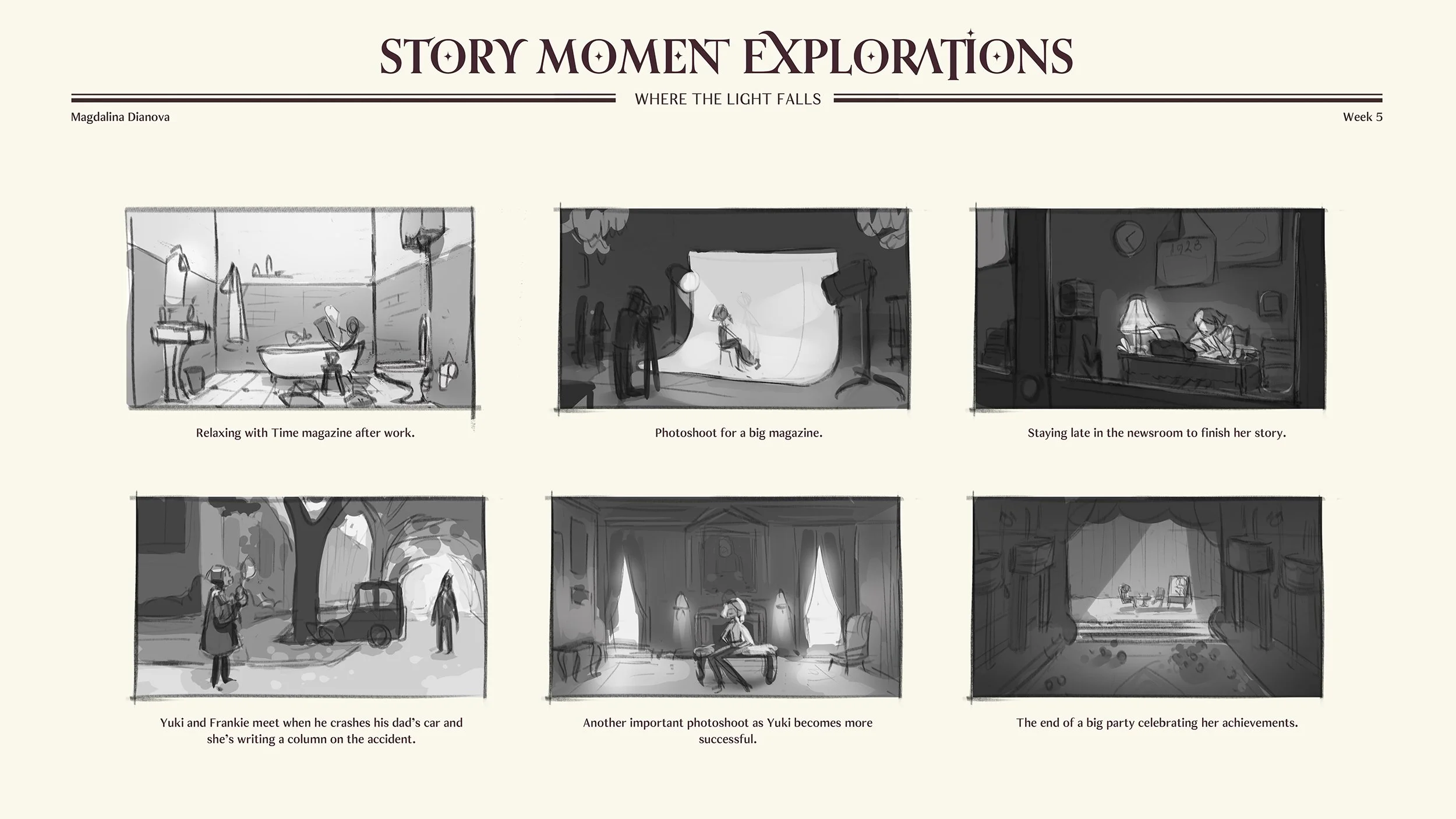 Storyboard sketches for a story titled 'Story Moment Explorations,' depicting a girl named Yuki's journey including relaxing after work with a magazine, a photoshoot for a magazine, staying late at the newsroom, meeting a friend after an accident, a 