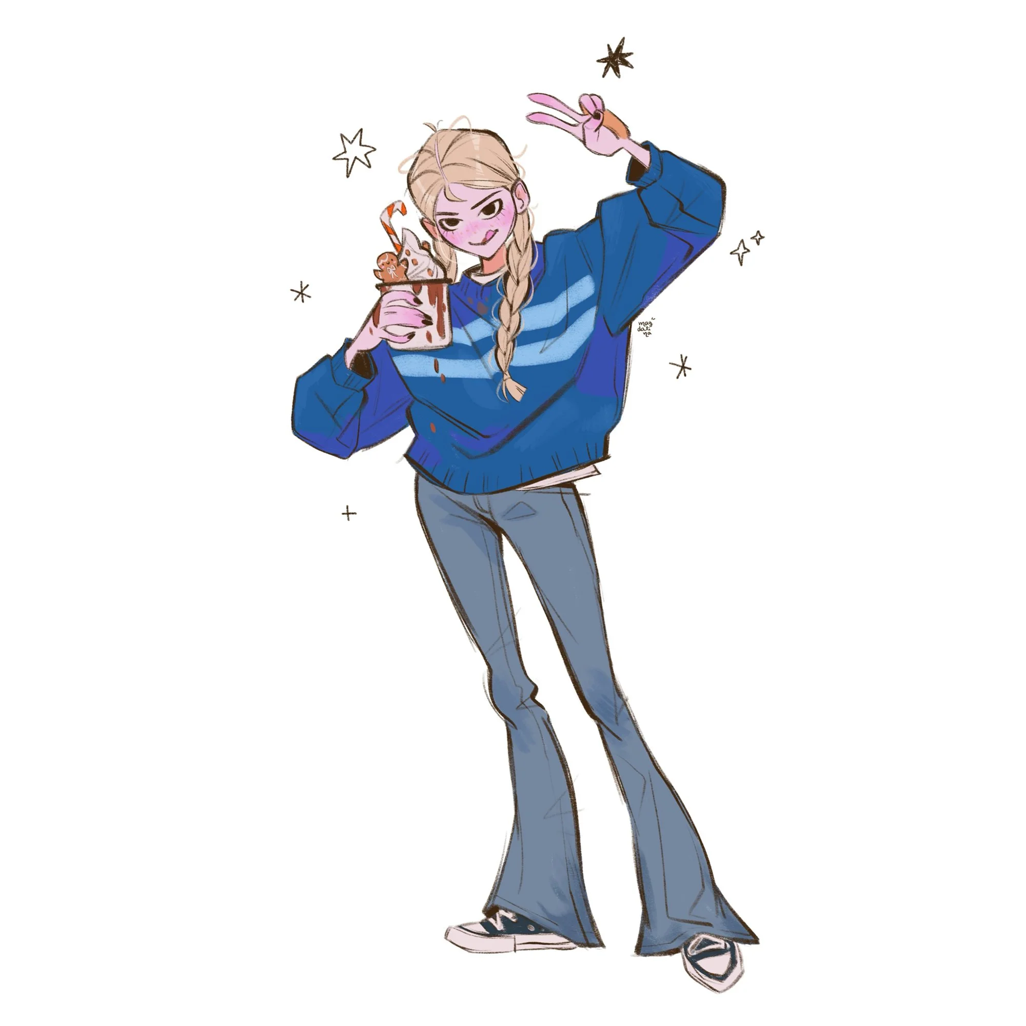 Drawing of a girl with long braided blonde hair wearing a oversized blue striped sweater and flared jeans, holding a chocolate milkshake with whipped cream and candy cane, making a peace sign with her left hand.
