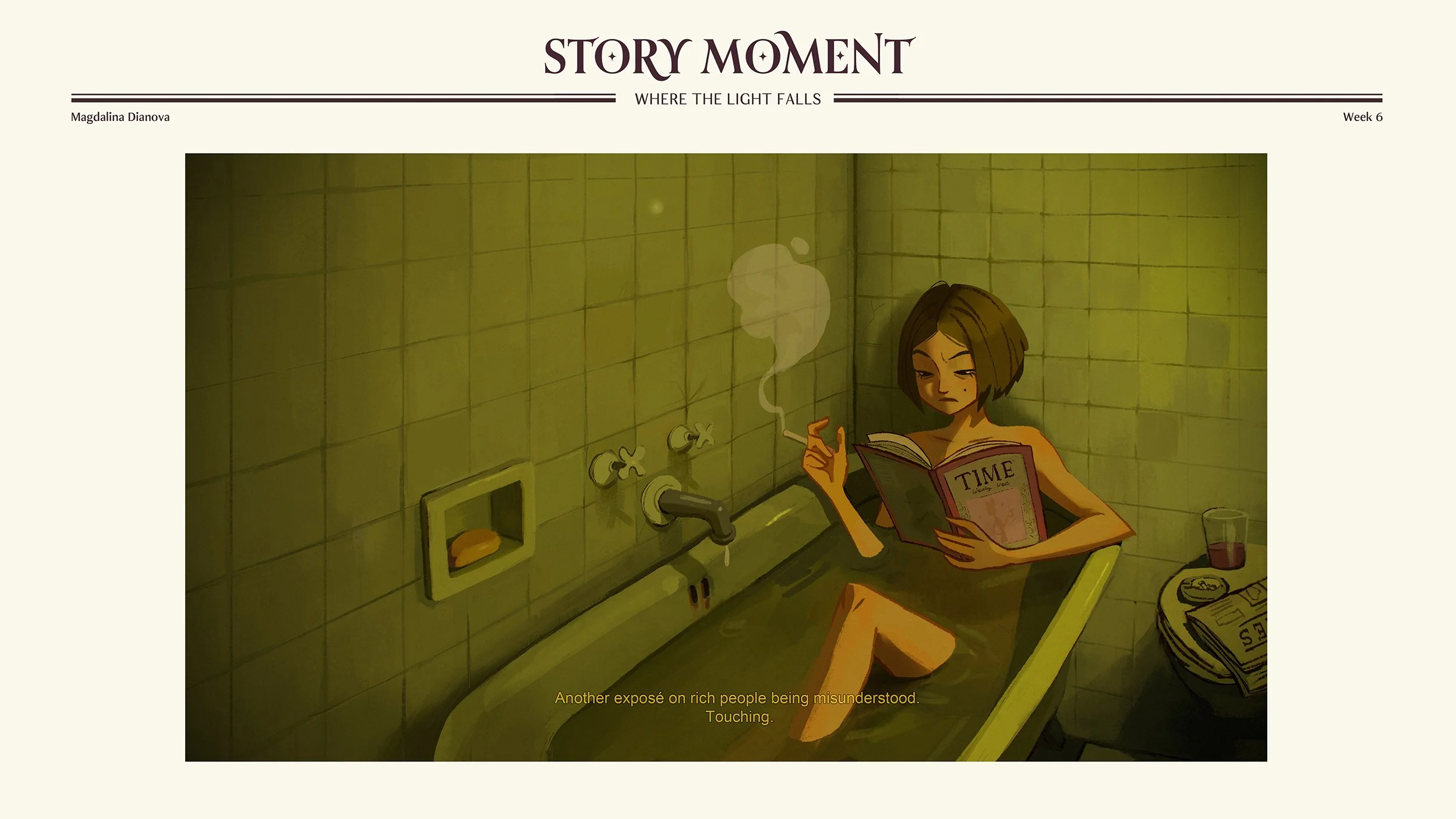 A woman with short brown hair sitting in a bathtub filled with water, reading a book titled 'TIME', smoking a cigarette, in a dimly lit bathroom with greenish-yellow tiles. There is a glass of red wine and a plate with some food on a small table besi