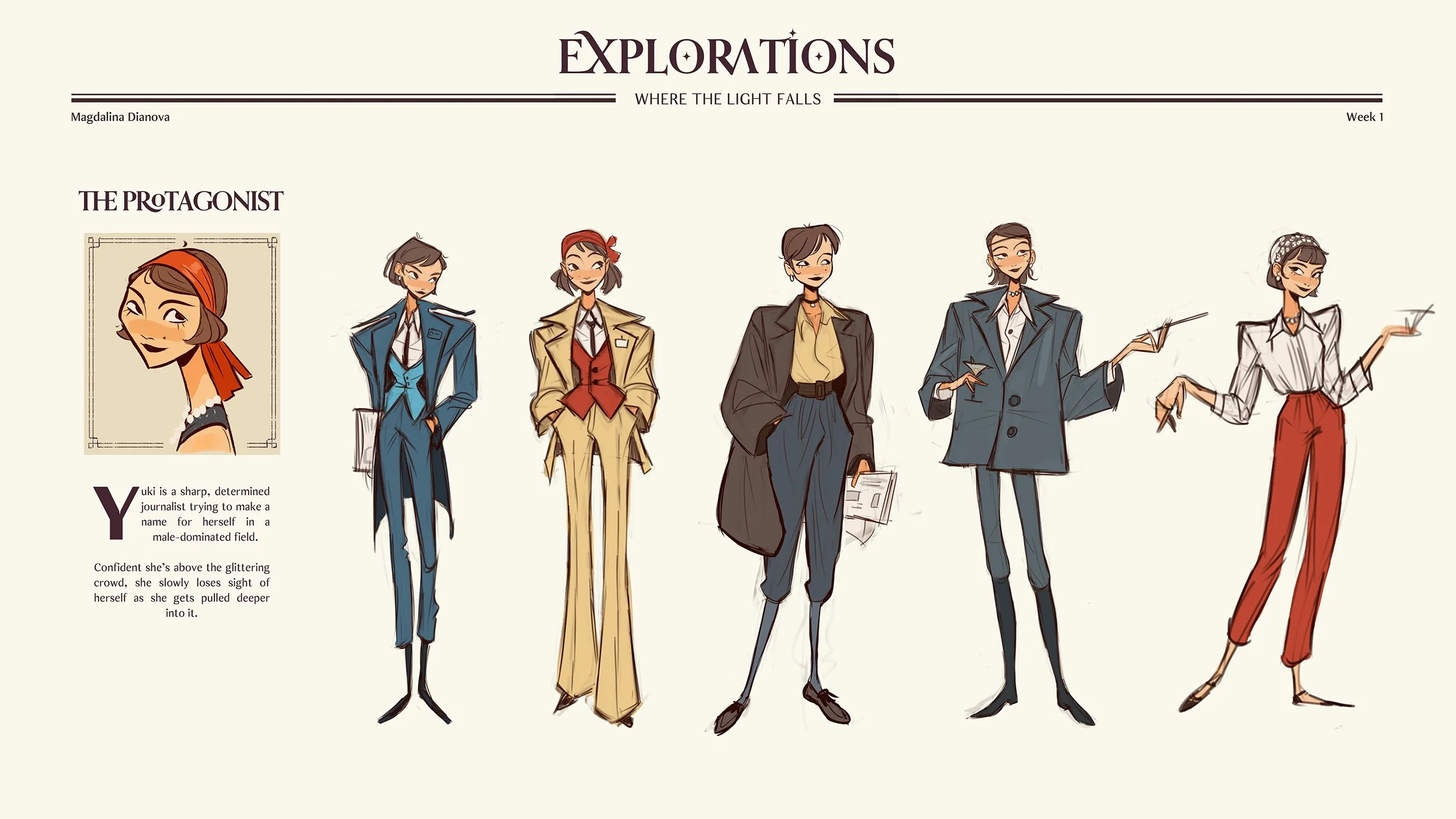 Illustration of six women in professional attire standing side by side, each with a distinct style, against a light background, with text describing a protagonist named Yuki, under the heading 'Explorations' and the subtitle 'Where the Light Falls'.