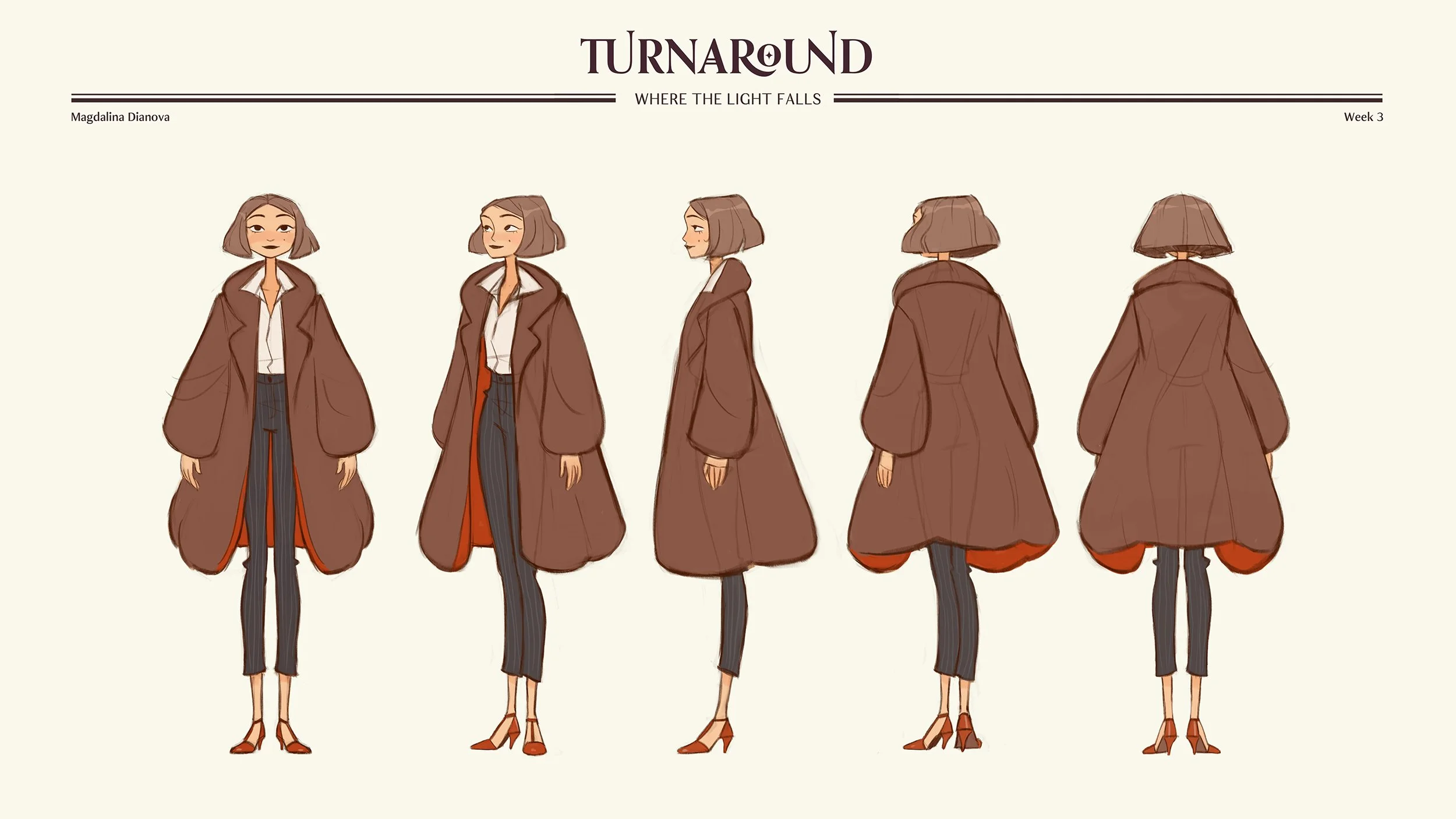 Fashion design sketches showing a woman in a long brown coat with an orange lining and dark pants, presented from five different angles from front to back.