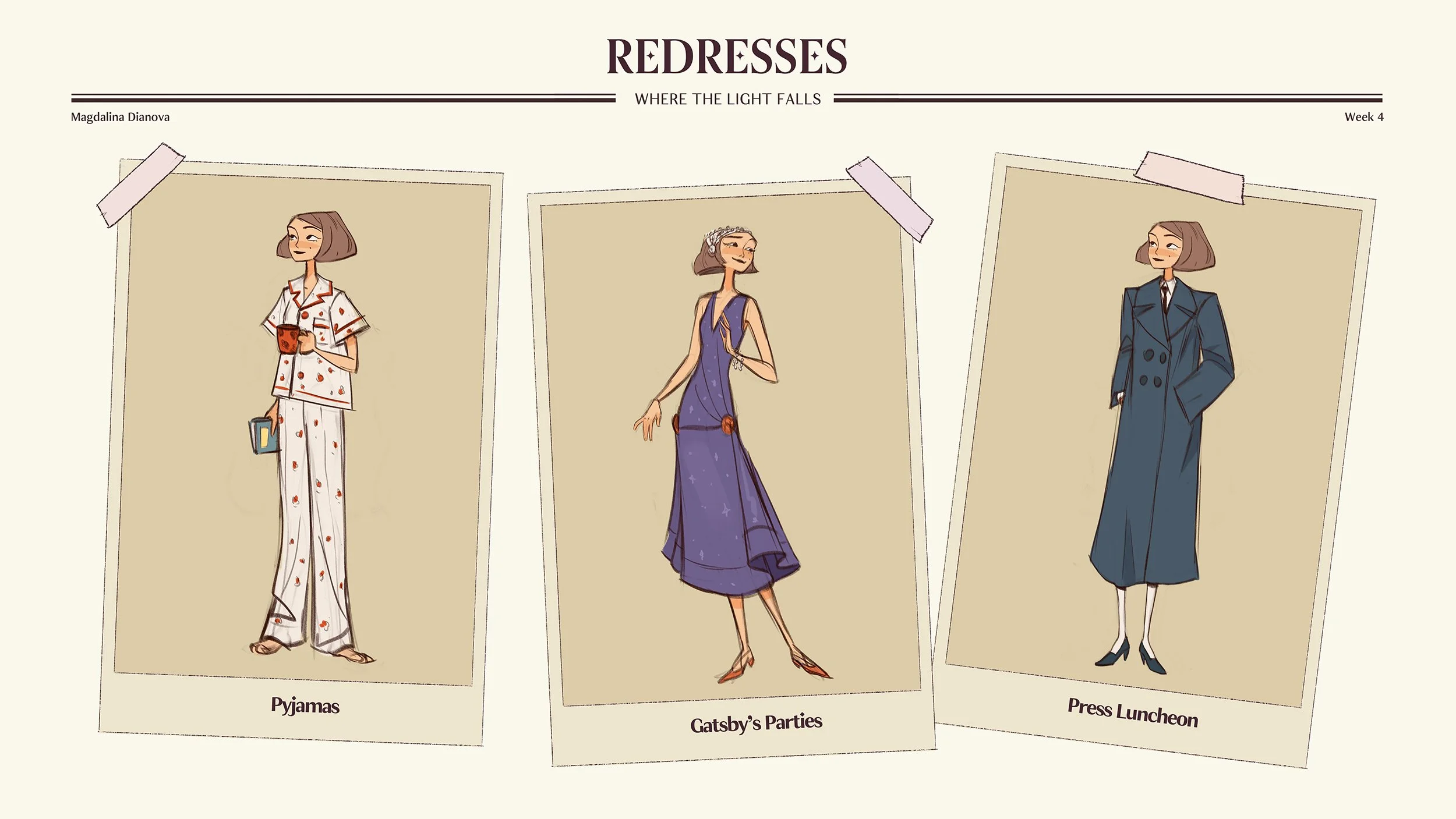 Illustration of three women wearing different types of dresses for various occasions: on the left, a woman in pajamas holding a coffee mug and a book; in the middle, a woman in a long, elegant purple dress with a flower accessory at her waist; on the