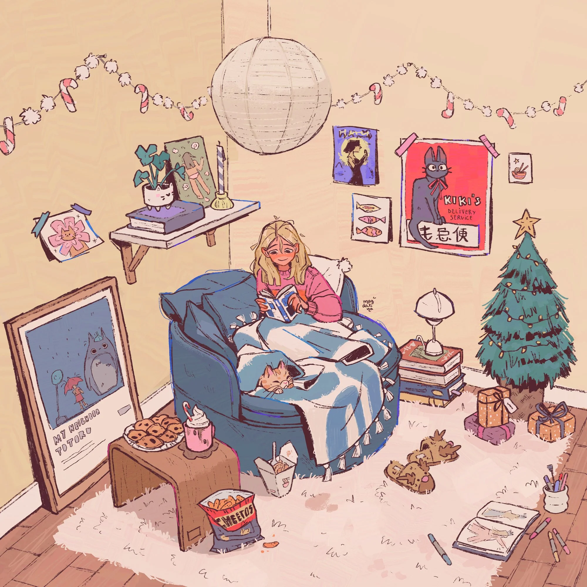 A cozy room decorated for Christmas, with a Christmas tree, presents, and a girl sitting on a blue armchair reading a book while her cat naps on her lap. The walls have posters and artwork, a shelf with a plant, a lamp, and holiday decorations includ