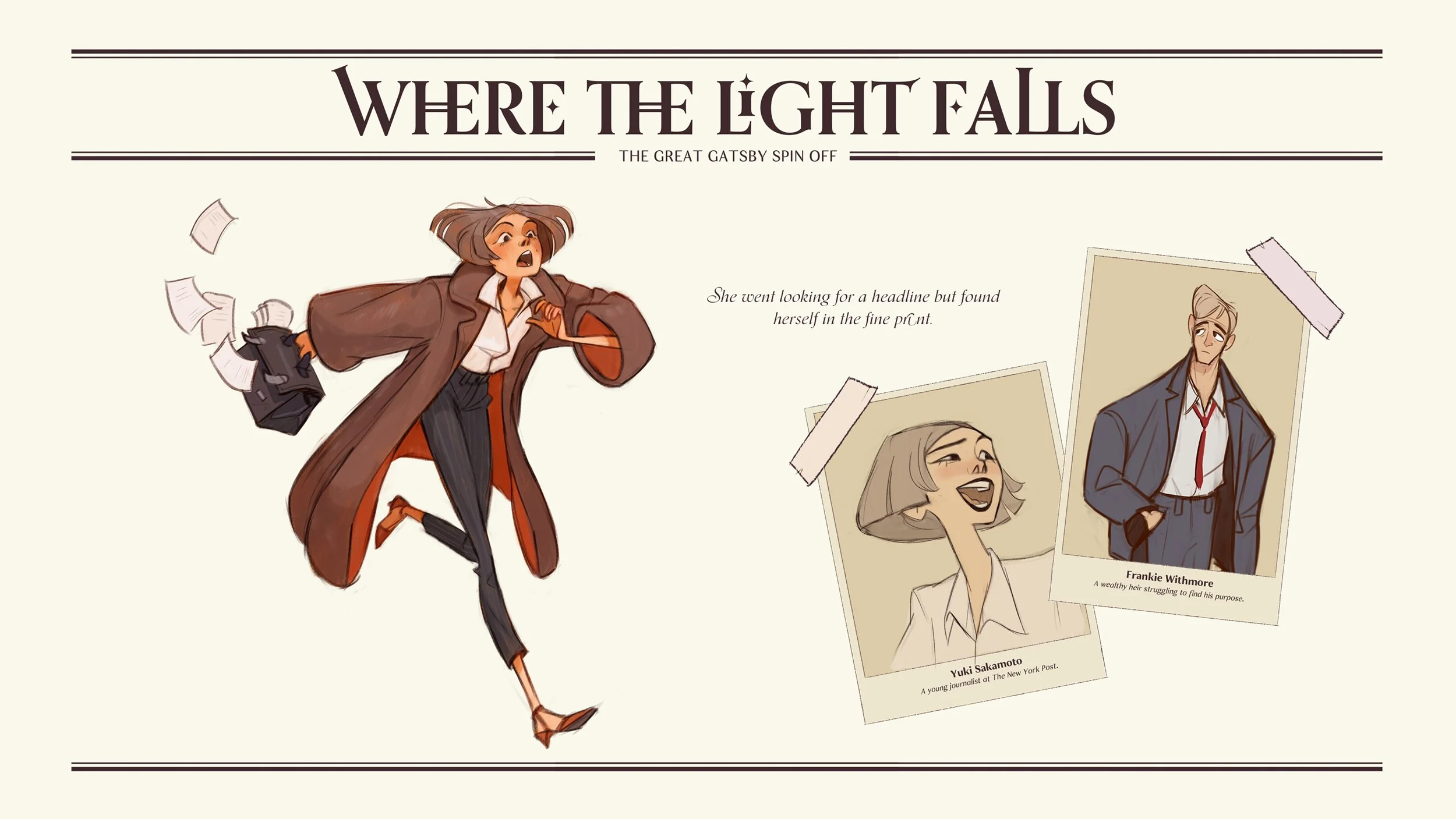 Illustration of a woman in a brown trench coat running with papers flying around her, set against a background with two Polaroid-style photos and text. The photos depict a woman smiling and a man in a suit. The text reads 'Where the Light Falls,' wit