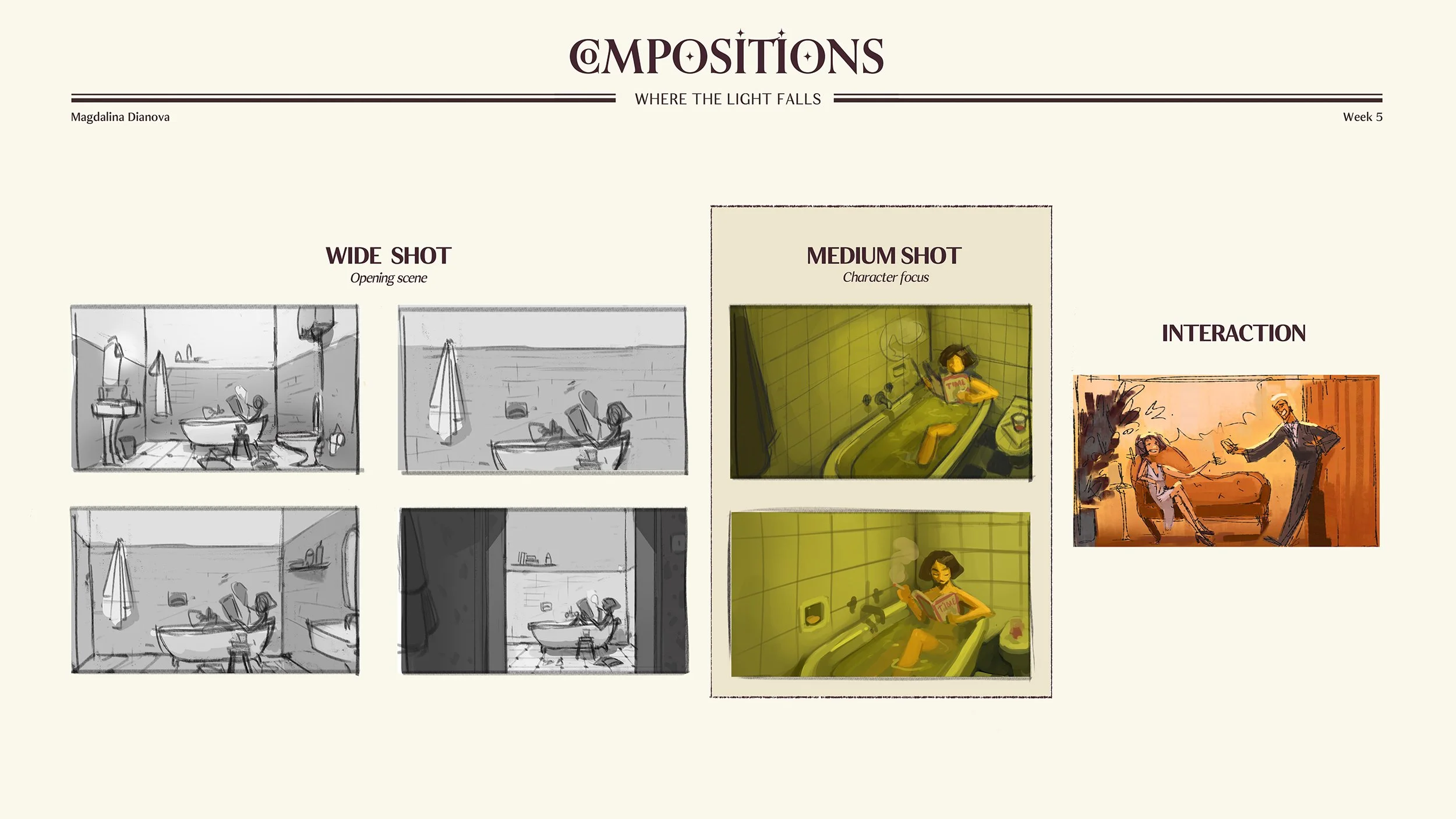 Storyboarding sheets showing different shot compositions for a scene. The sheets include a wide shot series, medium shot series, and an interaction shot with colored illustrations of a person in a bathtub, a person reading in the tub, and a scene of 