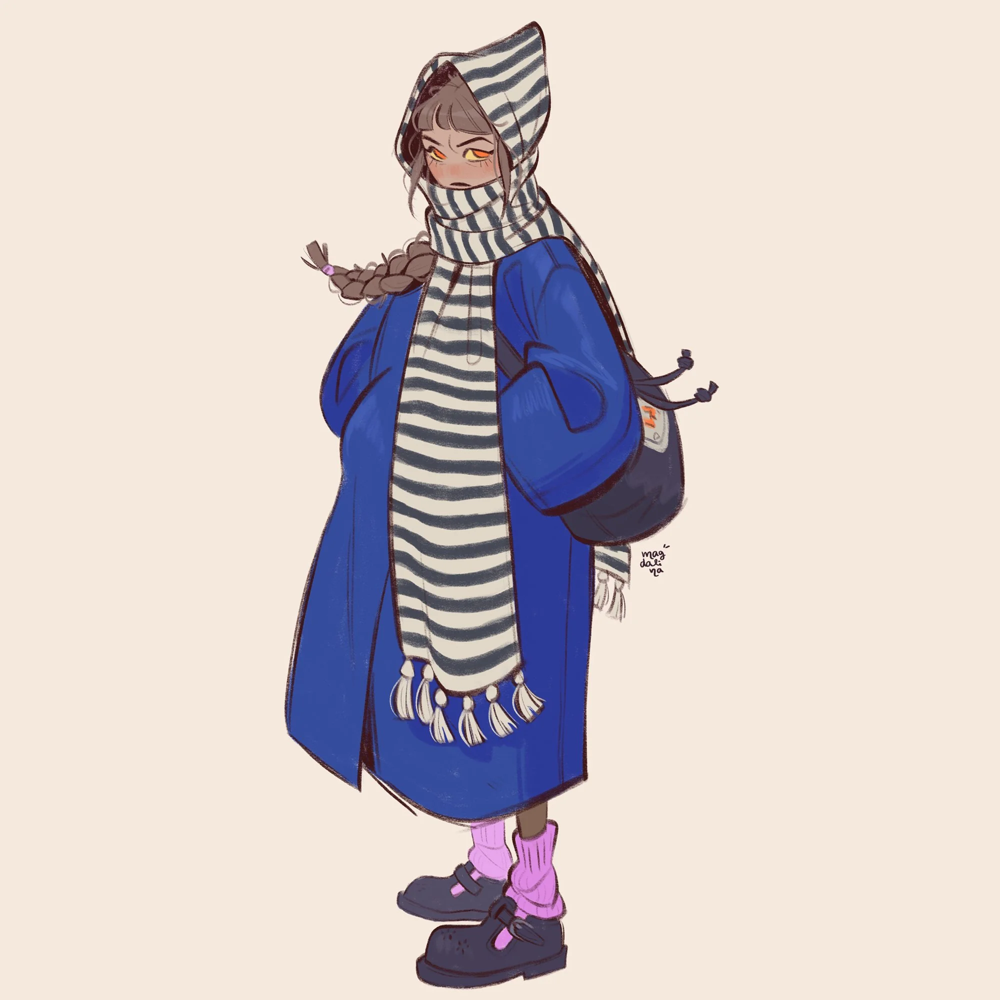 A young woman with gray hair and yellow eyes, dressed in a blue coat, striped scarf and hood, pink socks, and black shoes, carrying a black bag with a logo.