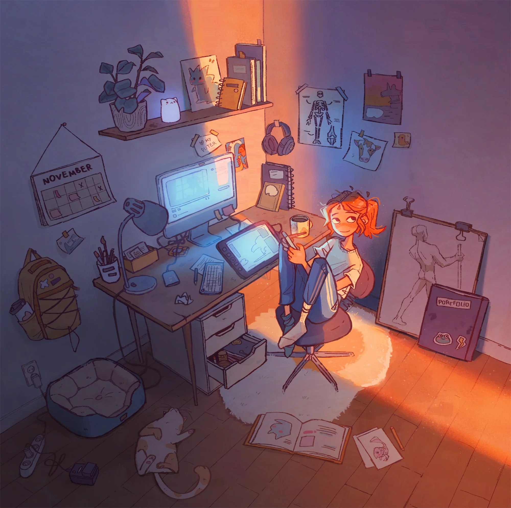 A digital illustration of a cozy, cluttered workspace with a girl sitting on her desk, working late. The room is an art studio with various art supplies, plants, drawings, and cute details, with warm lighting and a relaxed atmosphere.