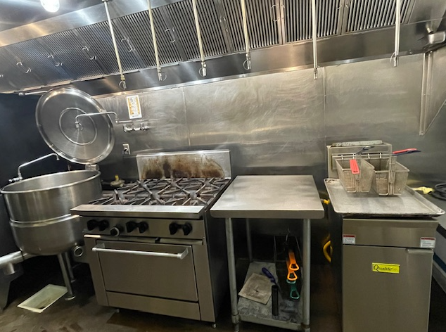 Large steam kettle, six-burner range, fryer