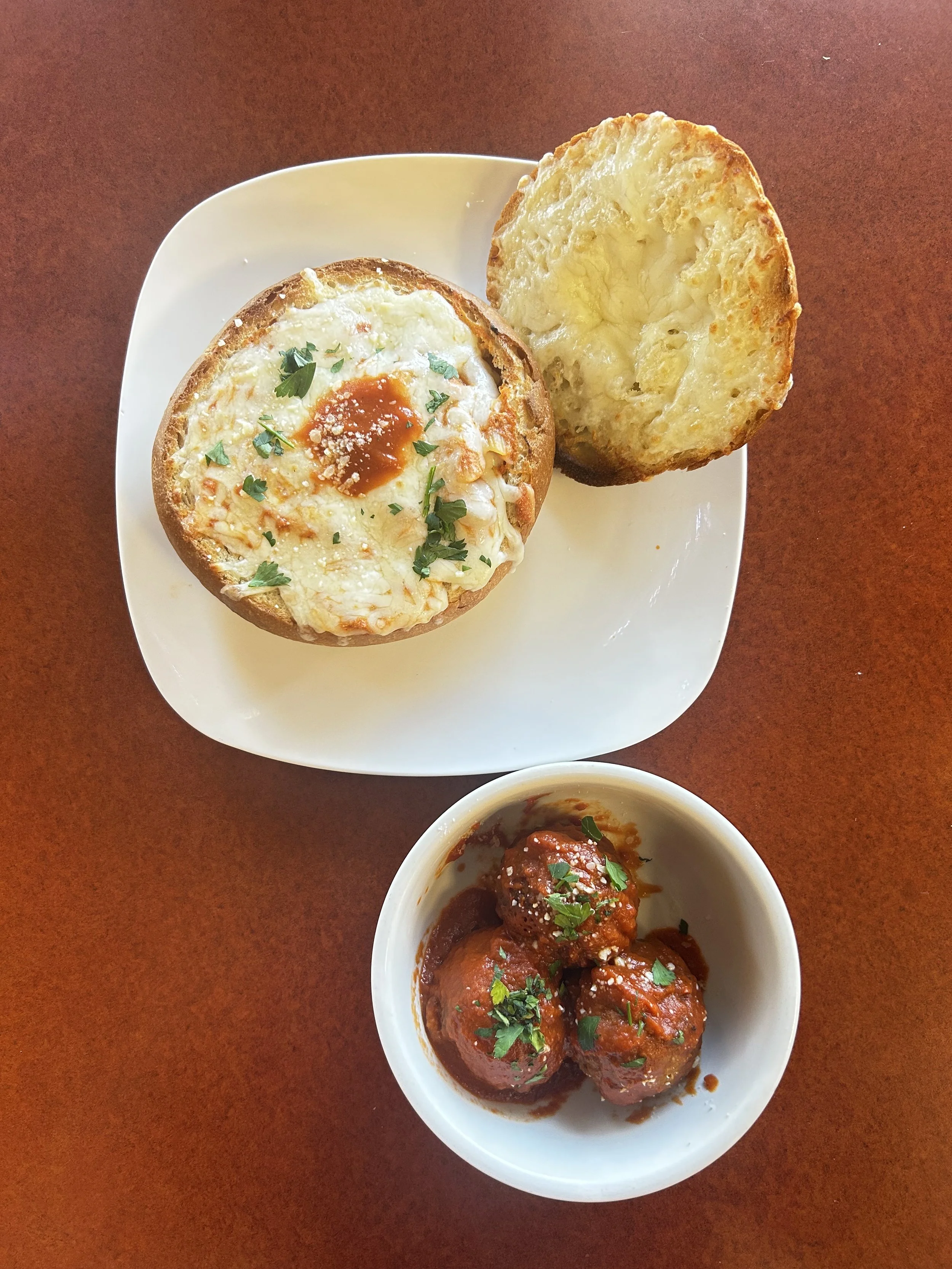 BAKED ZITI WITH MEATBALLS IN BREAD BOWL