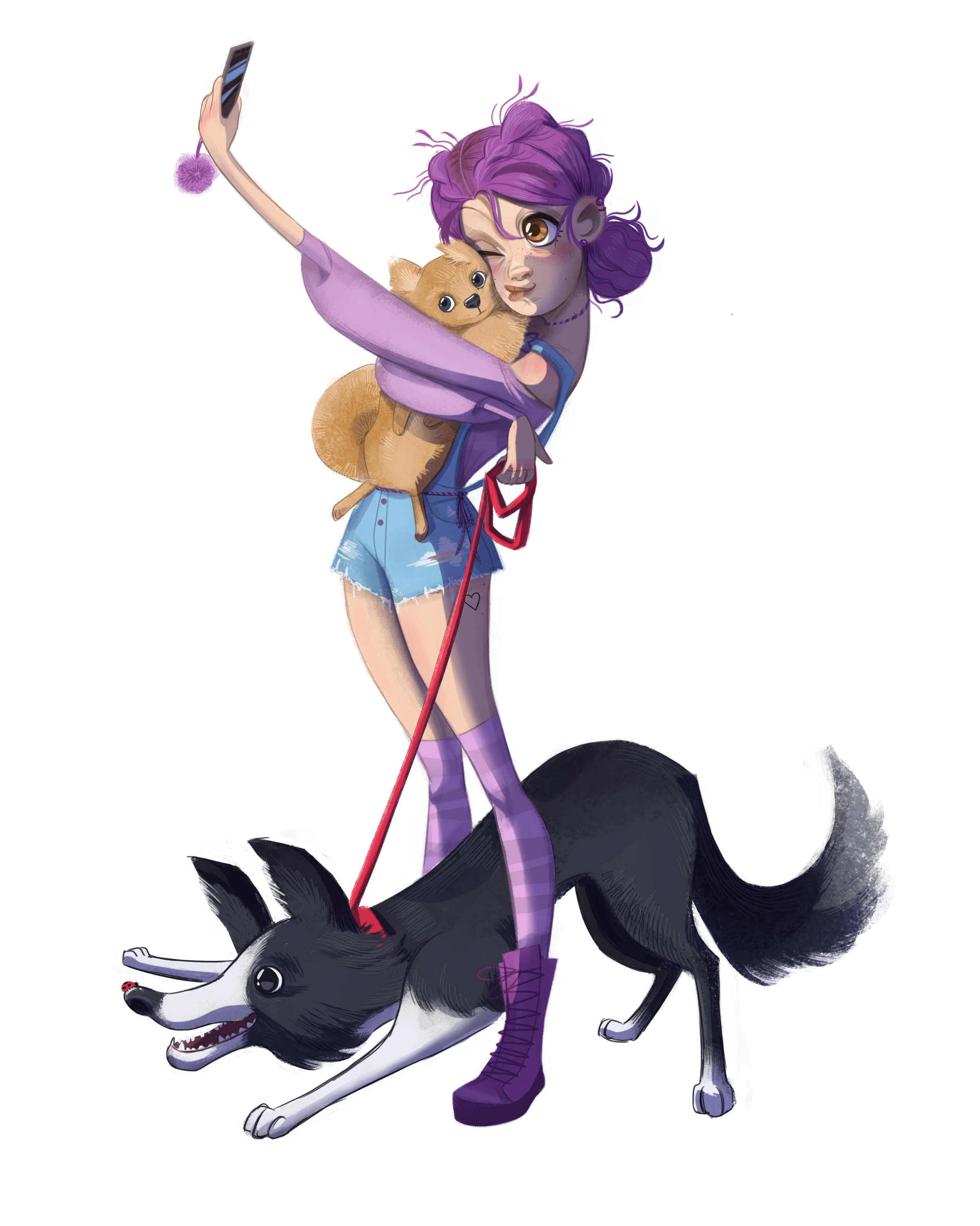 Illustrazione cartoon ragazza dogsitter con due cani