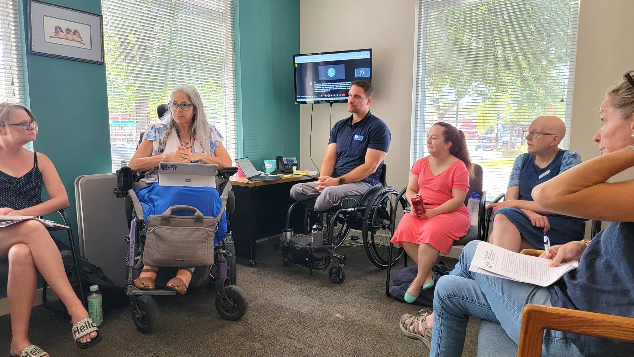 A group of consumers and staff members in a meeting room, seated in a semi-circle, with a large window and a flat-screen monitor on the wall behind them. This is part of CPWD's listening sessions