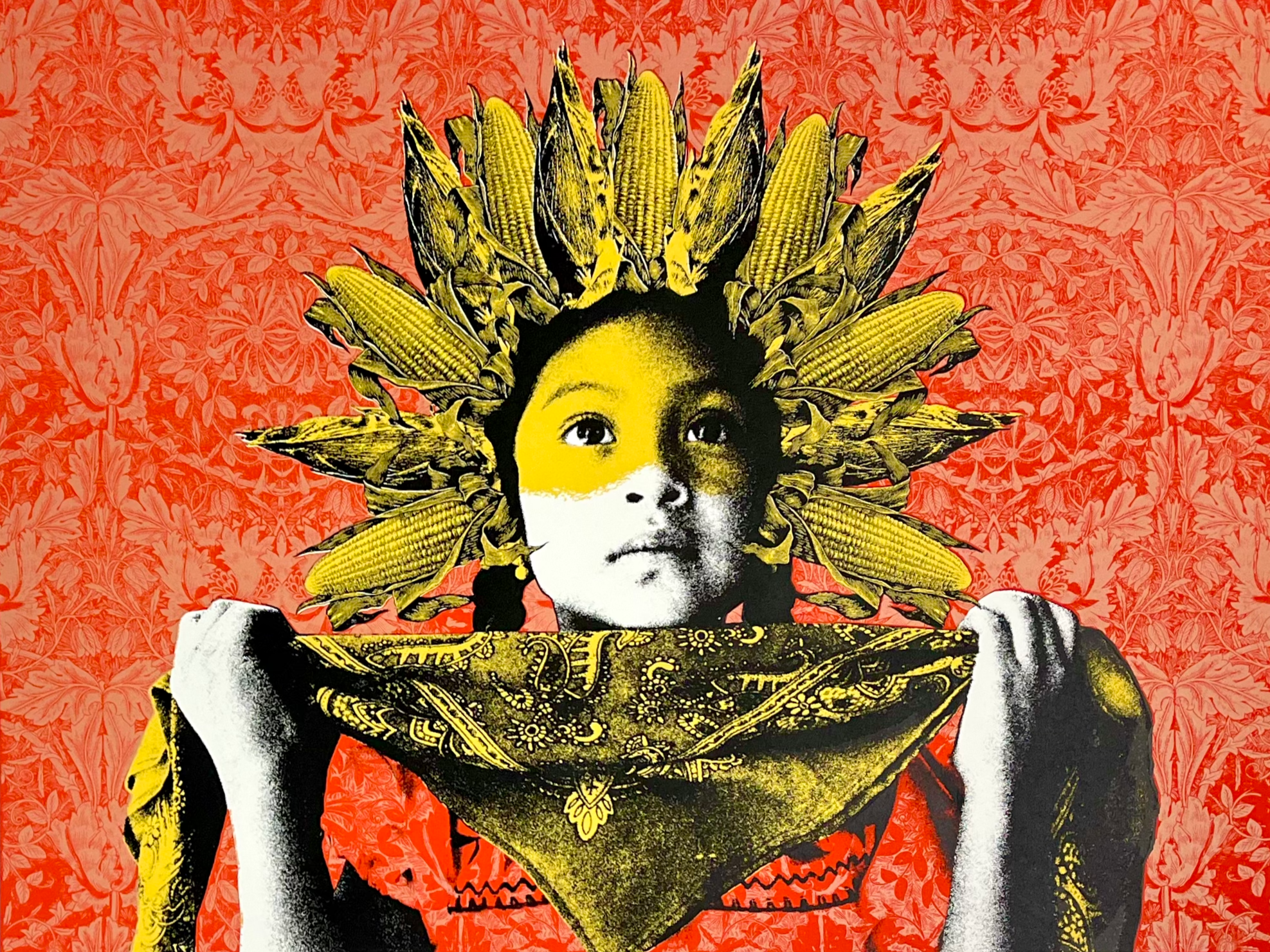 Artwork of a child with a yellow face, black and white skin, wearing a headpiece made of corn cobs, and holding a bandana over their shoulders against a red patterned background.