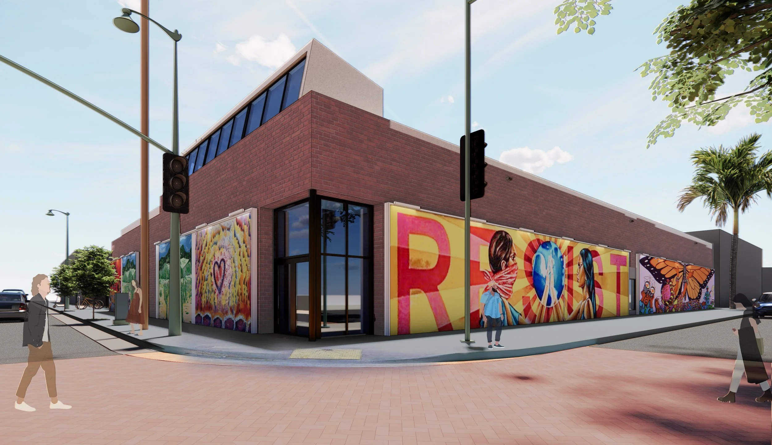 Render of the new building with colorful murals on the exterior walls, large windows, and a brick facade at the corner.