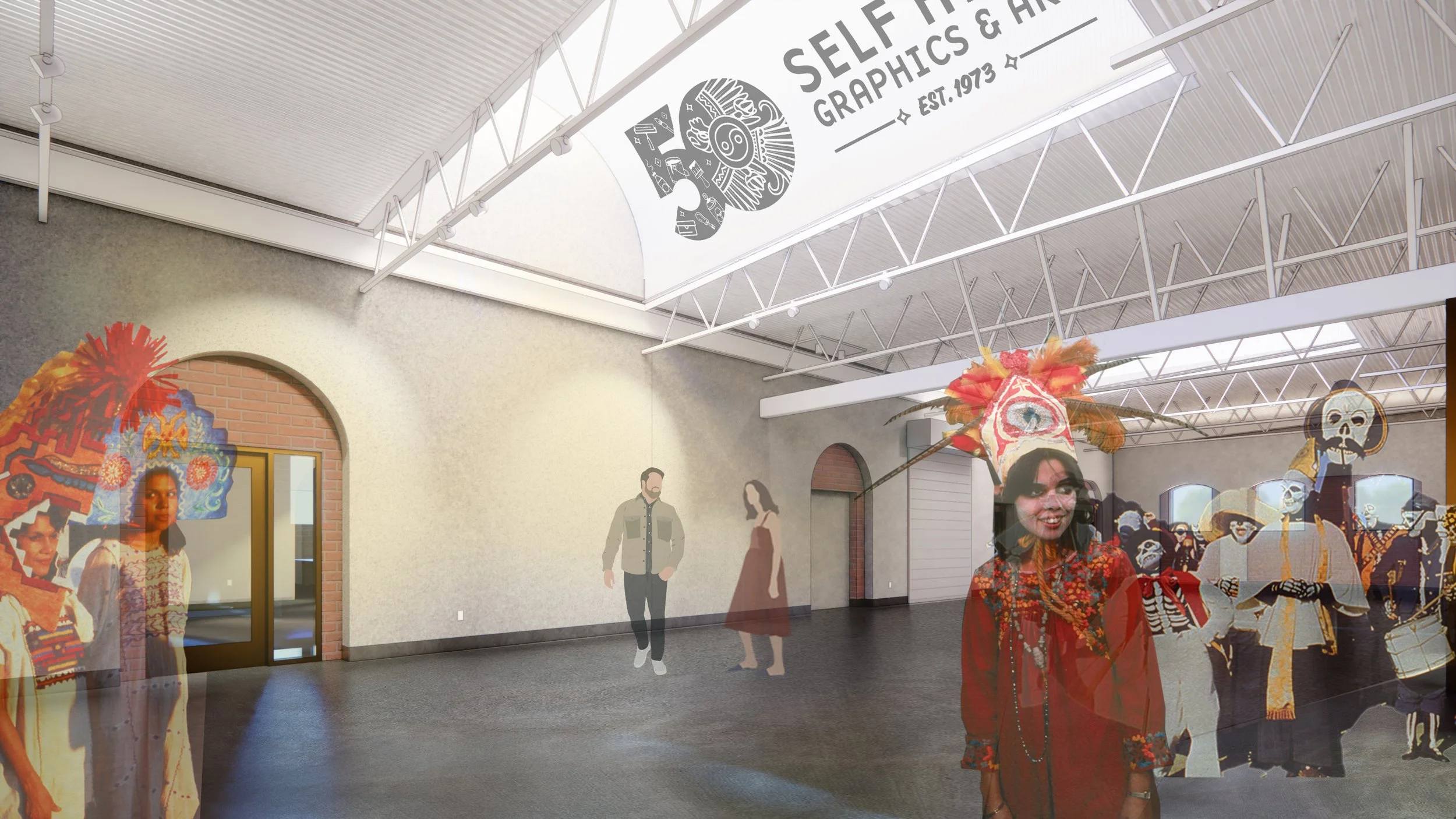 Render of an interior space of the building with people wearing traditional Mexican costumes and accessories, including a woman smiling in the foreground and a person holding a decorative mask and feathered headdress.