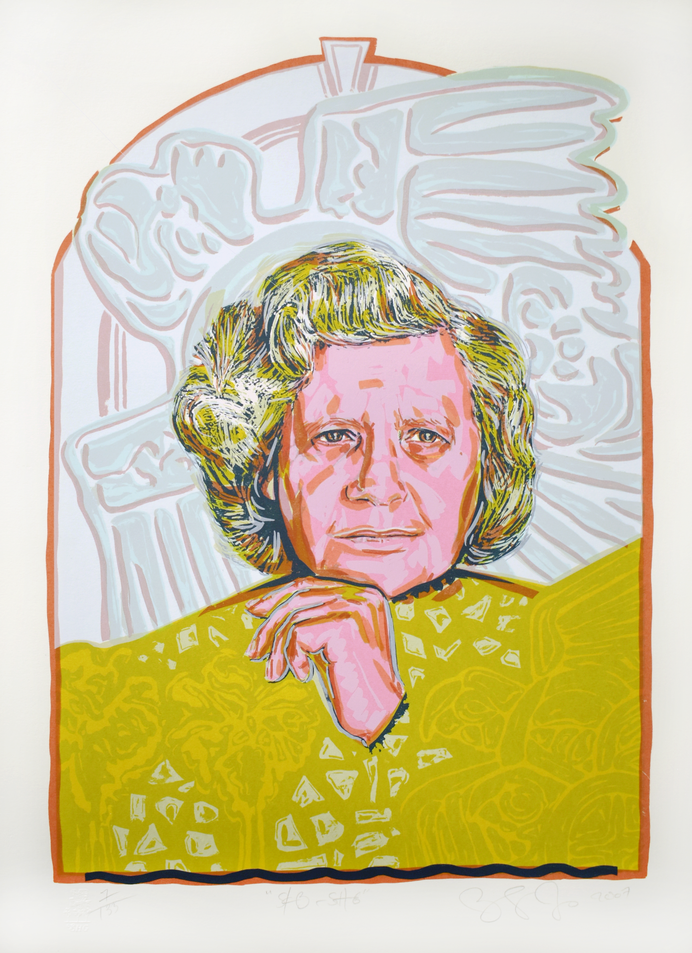 A colorful artwork of a woman with blonde, wavy hair, wearing a yellow patterned top, resting her chin on her hand, with a detailed line drawing of a brain in the background.