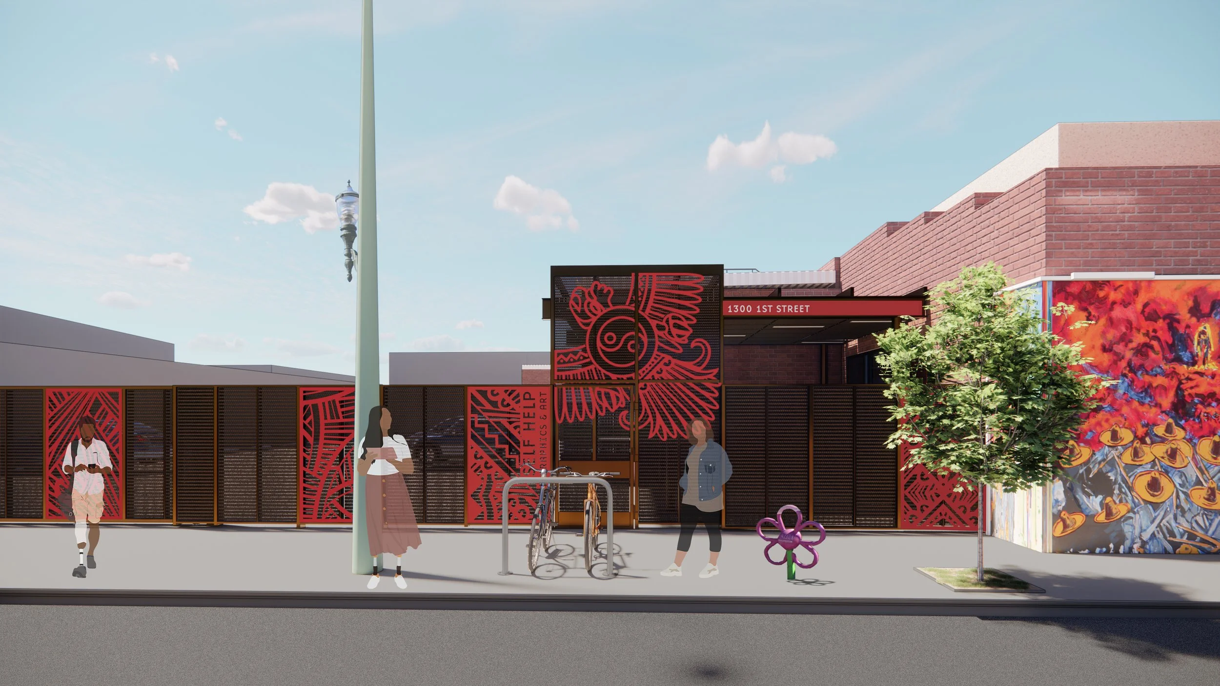 Render of the new building with colorful murals and people walking and standing outside