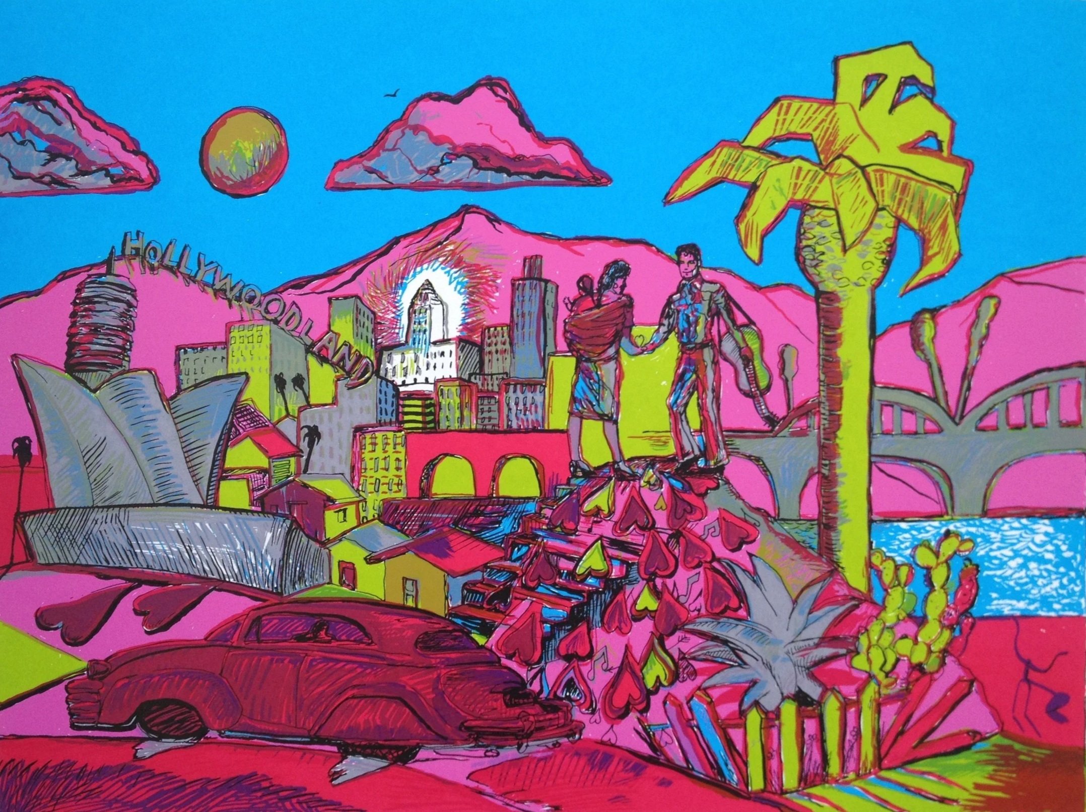 Colorful street scene with pink hills, a city skyline, a blue sky, and large plants. Two people are walking while holding hands in the foreground. The scene has artistic, sketch-like details.