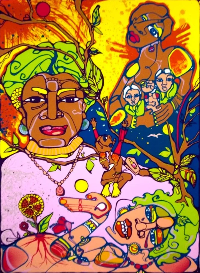 Colorful abstract artwork featuring three women, with one elderly woman holding a flower, surrounded by nature elements like trees and leaves, with vibrant colors and expressive faces.