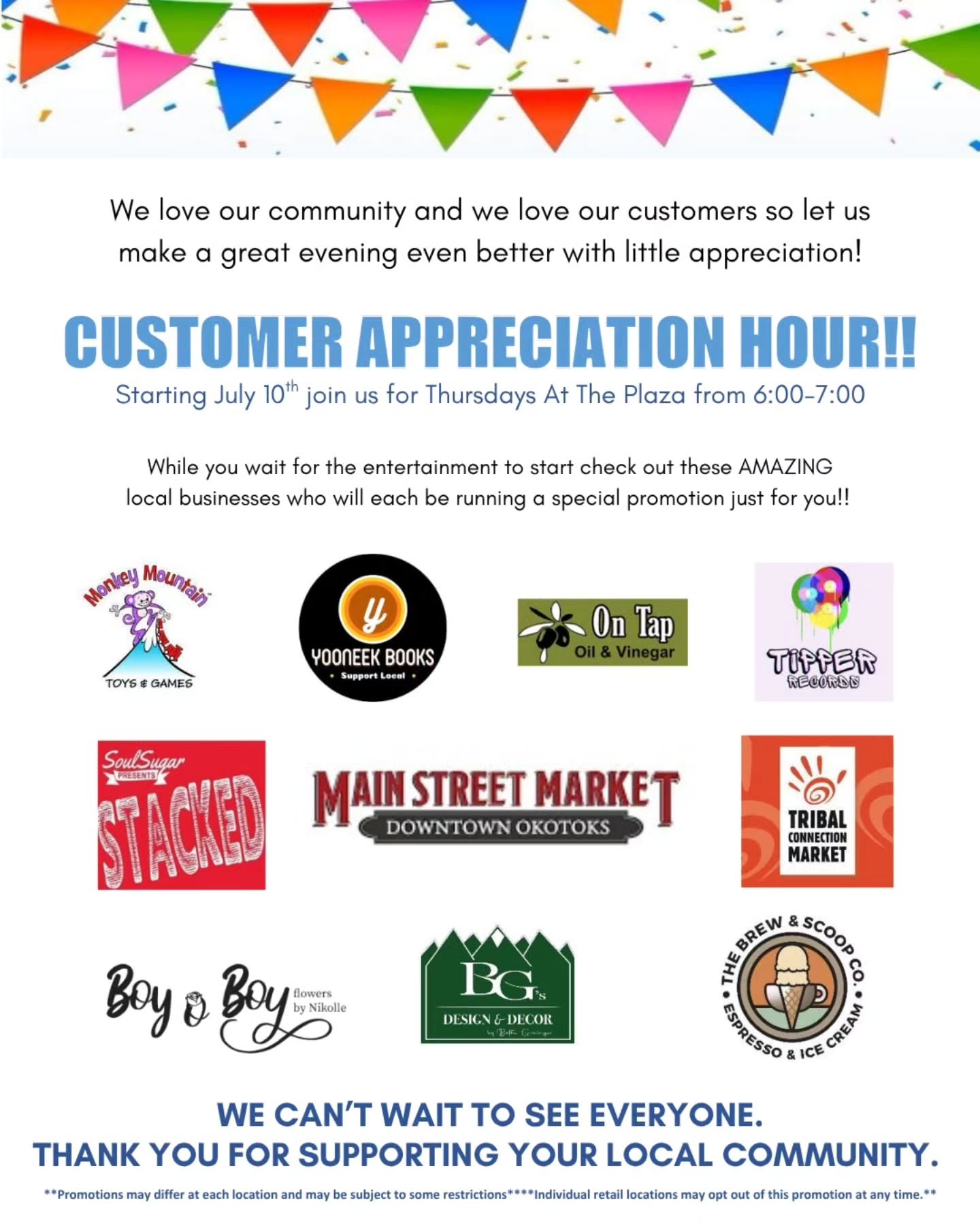 Okotoks, it’s happening!
This Thursday, July 10, we’re teaming up with an amazing crew of downtown businesses to say a huge THANK YOU during Customer Appreciation Hour from 6–7 PM — right before the live music kicks off at the