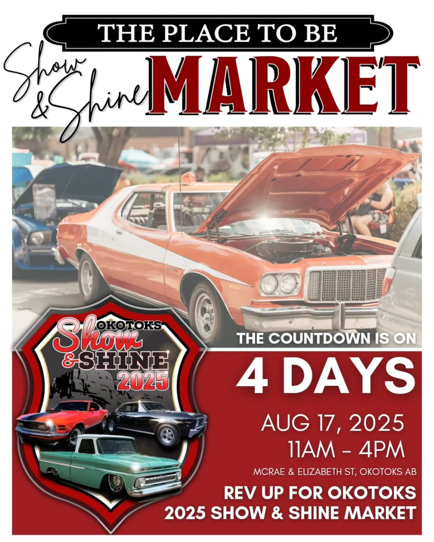 Four days until downtown Okotoks turns into Alberta’s loudest block party.
The 2025 Okotoks Show & Shine Market is rolling in with classic cars, roaring hot rods, local makers, food trucks, and an all-day party!
Free entry. One day only. Do