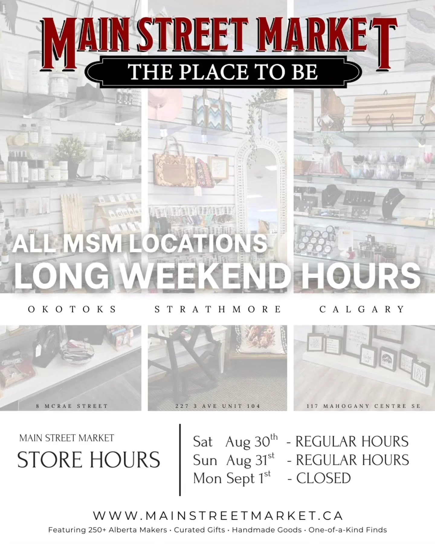 All three Main Street Market locations (Okotoks, Strathmore, Calgary) will be open regular hours Saturday & Sunday, and closed Monday so our teams can enjoy some R&R and sunshine!
Swing by this weekend to stock up on all those back to school