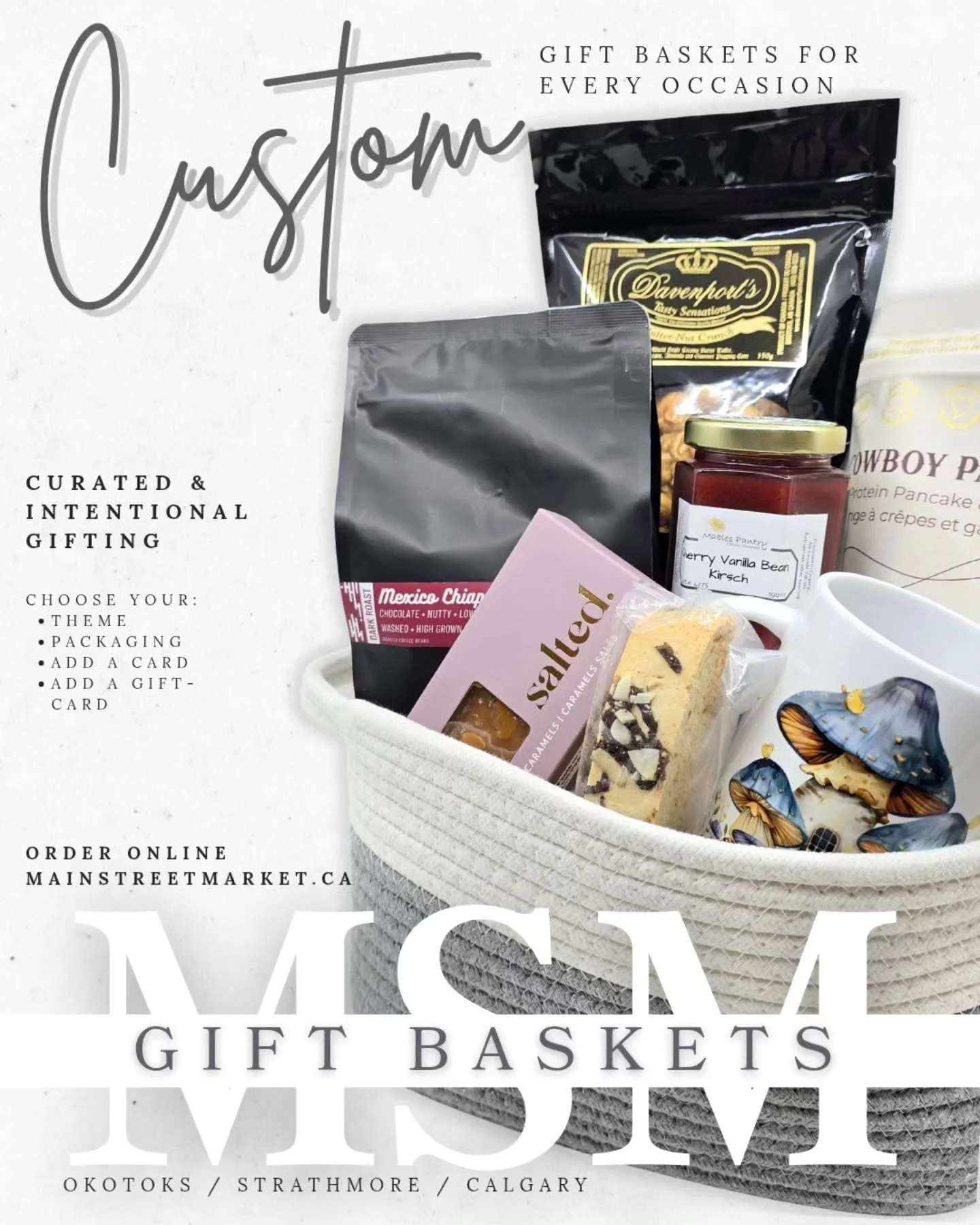 Thoughtful gifting made simple.

Our Main Street Market gift baskets are carefully curated with products from over 250 Alberta makers, so every basket feels personal, meaningful, and one-of-a-kind.

Whether you&rsquo;re looking for a Birthday surpris