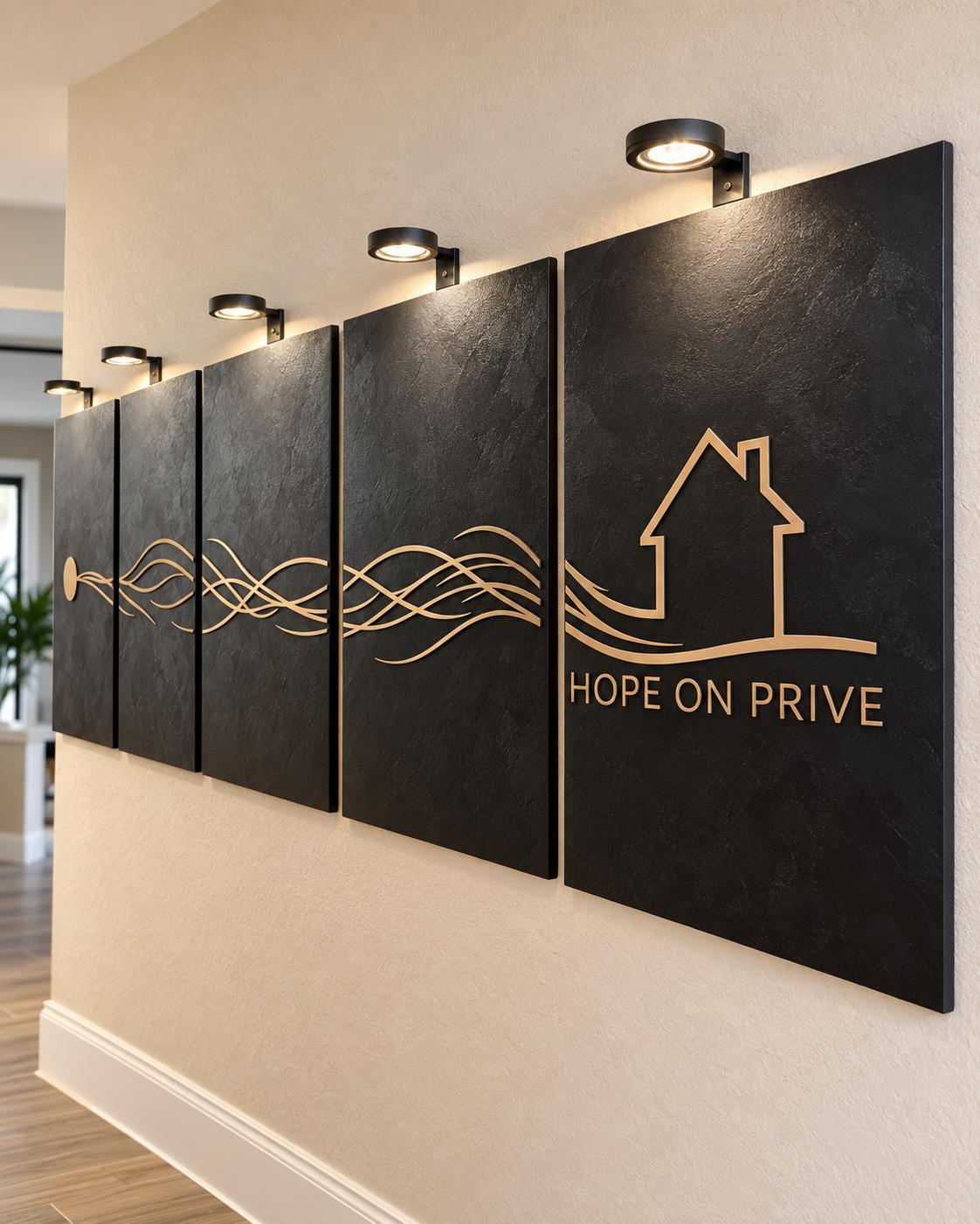 A wall-mounted art piece with four black panels featuring a stylized house outline and waves, with the text 'Hope on Prive' underneath, lit by three directional lights.