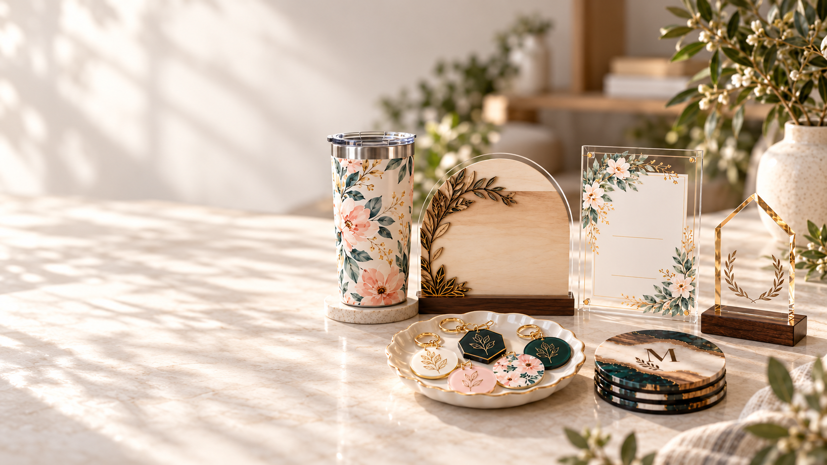 Decorative items with floral patterns on a marble table, including a tumbler, framed cards, acrylic ornaments, keychains, and a vase with greenery, in a bright, sunlit room.