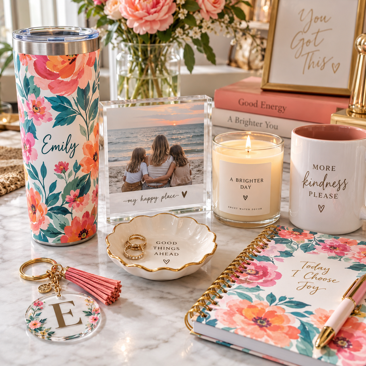 Decorative items on a marble table, including a floral-patterned tumbler with the name Emily, a framed photo of three women on the beach at sunset, a candle labeled "A Brighter Day," a white mug with gold lettering "More Kindness Please," a small dish with rings, a keychain with a pink tassel and the letter E, a floral notebook with gold spiral binding and the quote "Today I Choose Joy," a pink book and a framed sign with gold text "You Got This," along with pink flowers in the background.