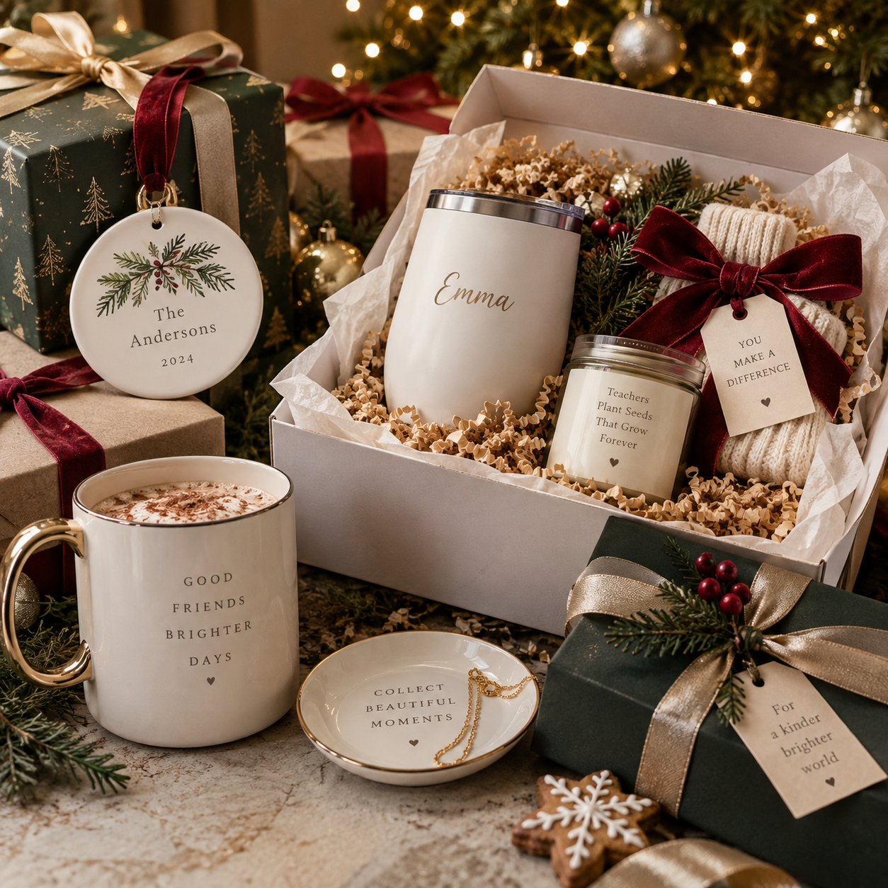 Christmas gift set including a white mug with gold handle and the words "Good Friends Brighter Days," a white plate with a gold rim and the phrase "Collect Beautiful Moments," a gift box with a tumbler engraved with "Emma," a candle labeled "Teachers Plant Seeds That Grow Forever," and a cozy sock wrapped with a red ribbon and a tag that says "You Make a Difference." In the background, wrapped presents and Christmas decorations are visible.