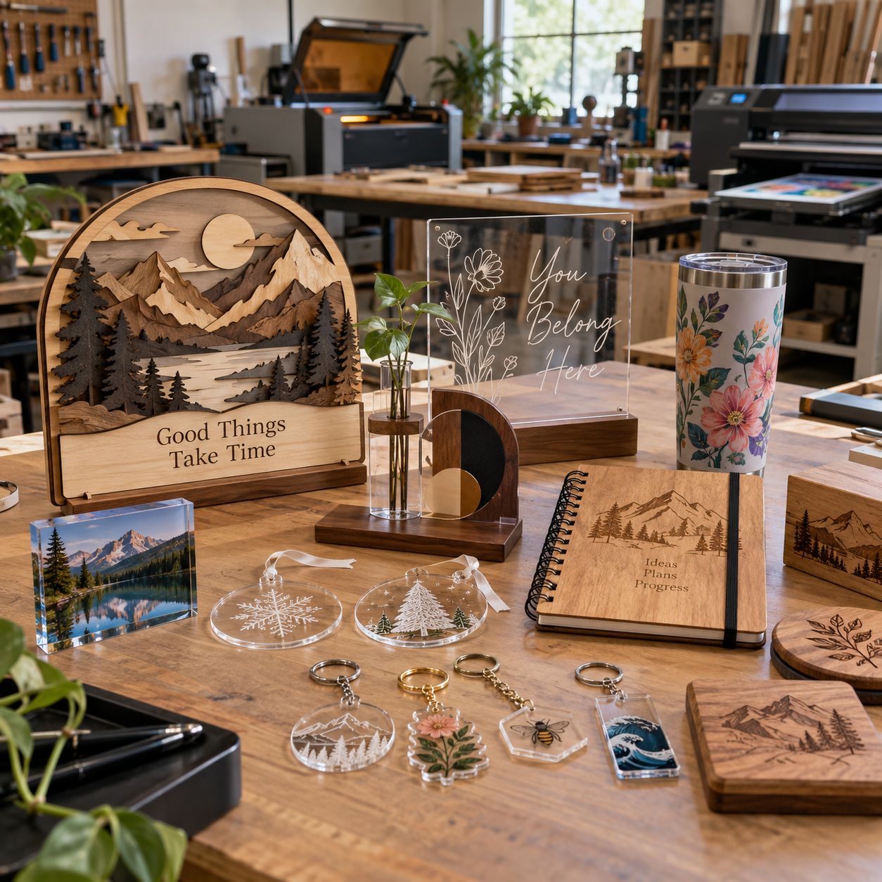 Display of handcrafted wooden and acrylic items including a landscape wall hanging with trees and mountains, a quote sign saying "You Belong Here," various notebooks with mountain designs, keychains with nature motifs, a tumbler with floral print, and small decorative objects on a wooden workbench in a workshop.