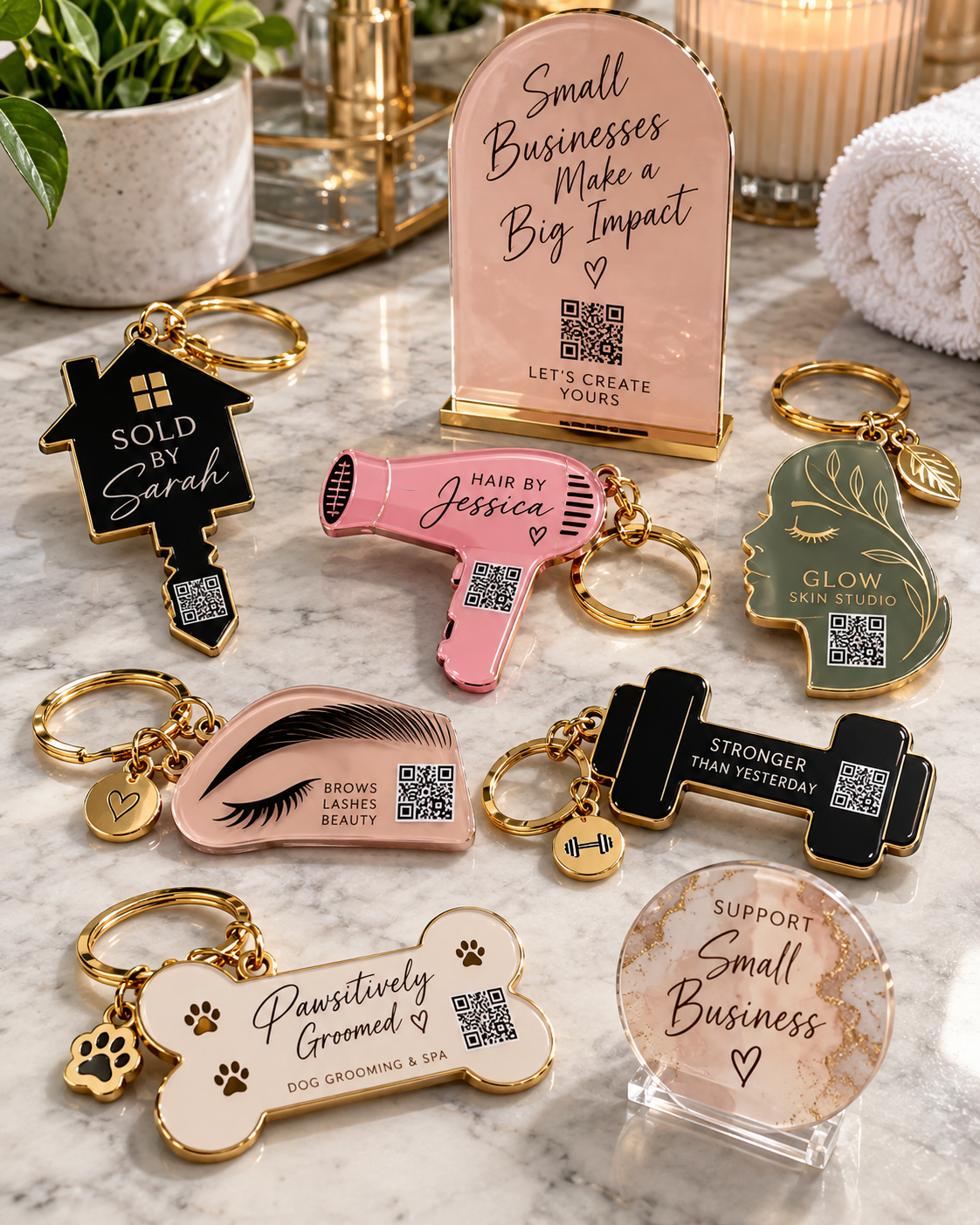 Collection of custom keychains with labels for small businesses, including a house with 'Sold by Sarah', a hairdryer with 'Hair by Jessica', a woman's face with 'Glow Skin Studio', a barbell with 'Stronger Than Yesterday', a mascara with 'Brows Lashes Beauty', a dog bone with 'Pawsitively Groomed Dog Grooming & Spa', and a round sign with 'Support Small Business'.