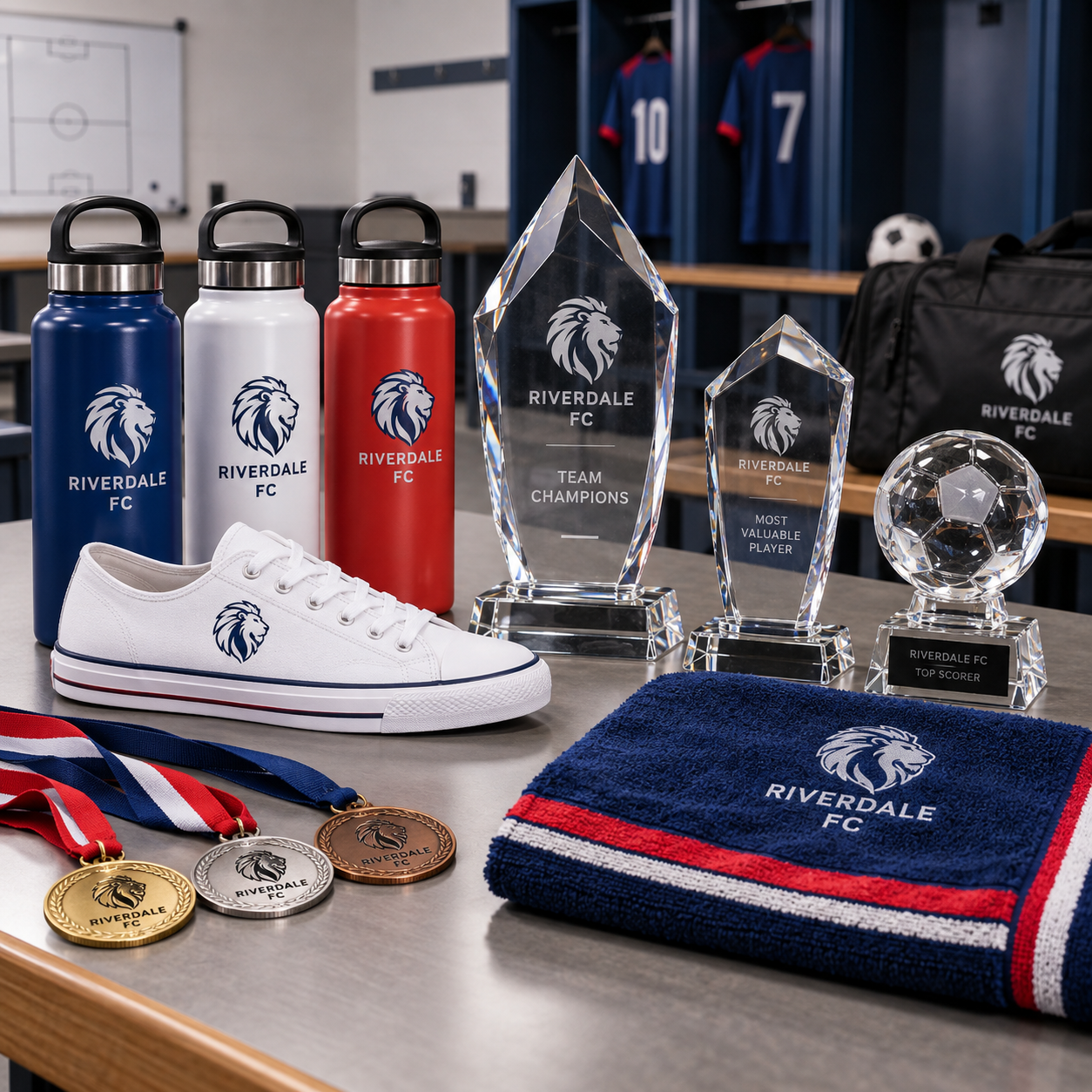 Rivdale FC trophies, medals, water bottles, shoe, towel, and football in a locker room setting.
