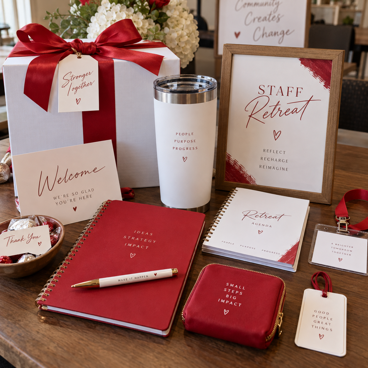 Table setup with a white gift box with a red ribbon, a white tumbler with words 'People Purpose Progress,' framed sign saying 'Staff Retreat' with words 'Reflect Recharge Reimagine,' notebooks titled 'Retreat Agenda' and 'Ideas Strategy Impact,' a red notebook with 'Make It Happen,' a small red zippered pouch with words, a welcome sign, a thank you bowl, a lanyard with an ID badge, and various notes and cards with motivational messages.