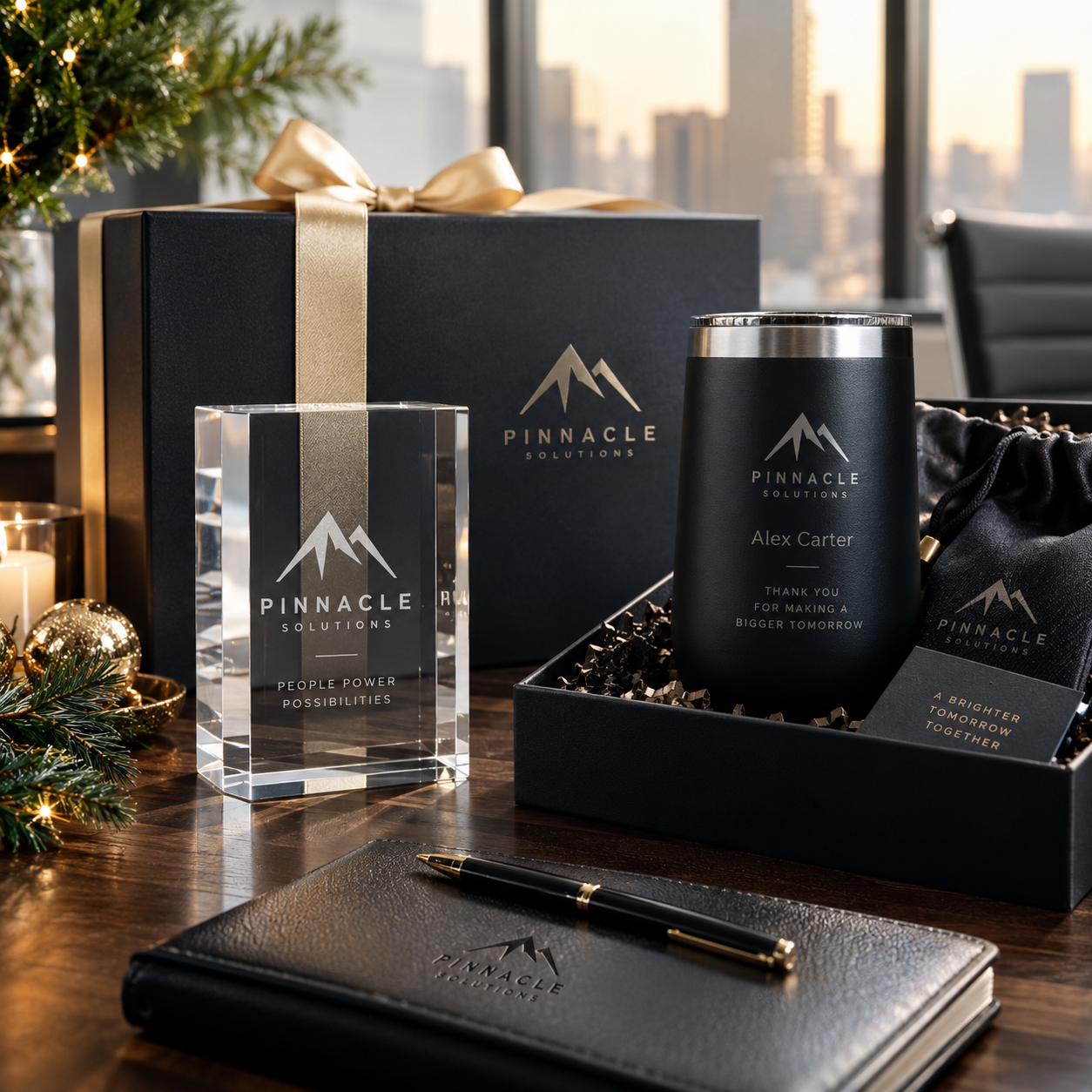 Corporate gift set with Pinnacle Solutions branded items including a black tumbler, a clear acrylic award, a black notebook with a pen, and a gift box, all arranged on a wooden desk near a Christmas tree and city skyline window.