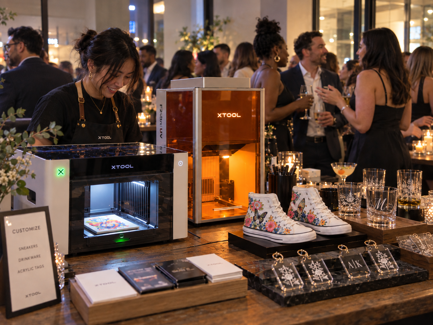 A busy indoor event with people socializing. In the foreground, a table displays customized sneakers with floral and butterfly designs, acrylic tags, and a 3D printer branded 'XTOOL' creating a colorful design. The background shows people holding drinks and chatting, with candles and large windows providing warm lighting.
