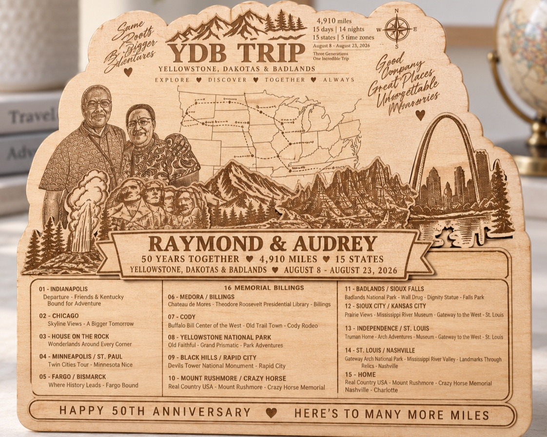 Engraved wooden travel-themed plaque commemorating a 50th wedding anniversary for Raymond and Audrey. It features a map of the United States with a route across 15 states, landmarks like Mount Rushmore and the St. Louis Arch, and a list of 16 destinations with descriptions. The plaque includes mountains, trees, and a couple's photo, with inscriptions about their trip and anniversary.