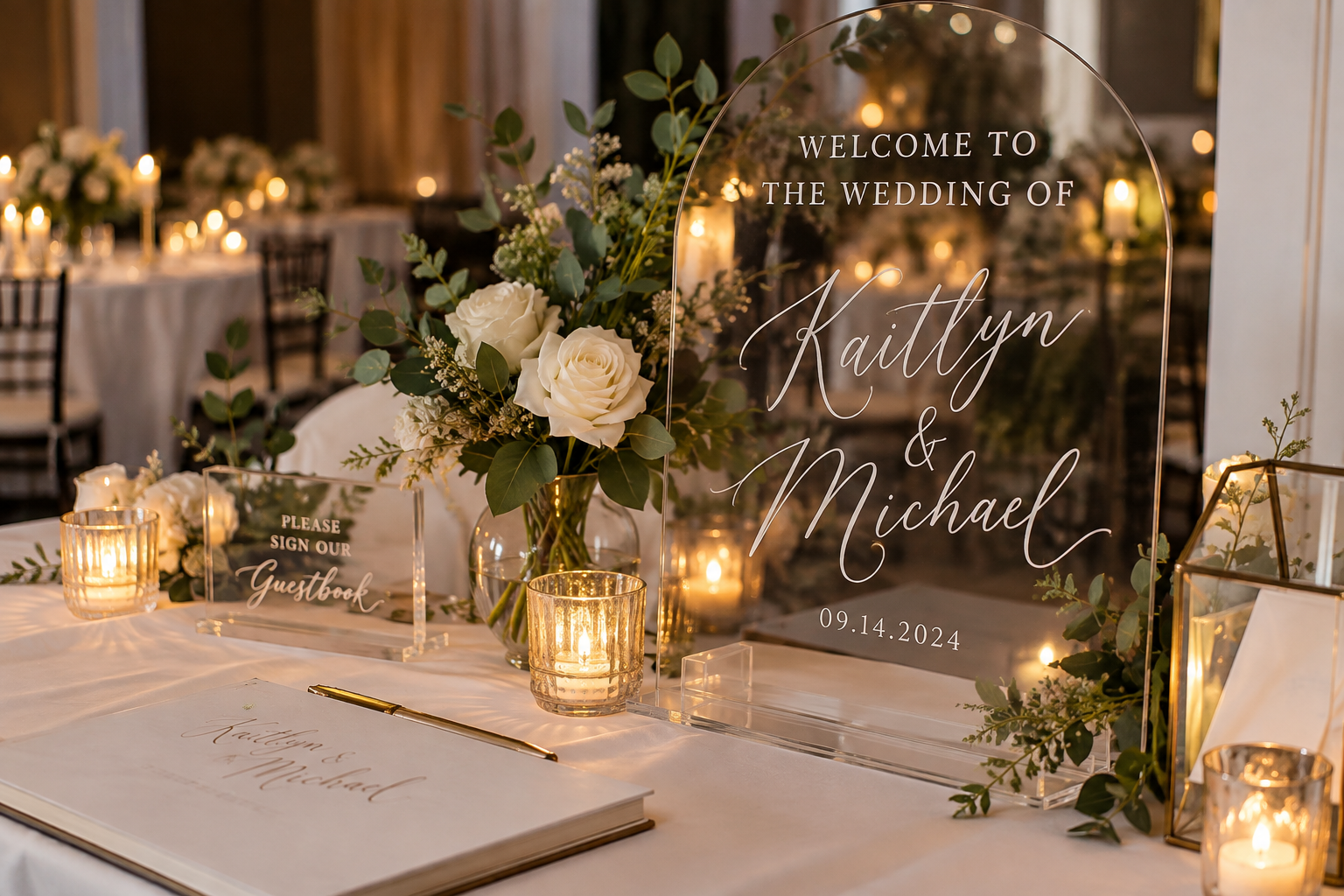 Wedding reception table with floral arrangements, candles, and a large acrylic sign welcoming guests to Kaitlyn and Michael's wedding on September 14, 2024.