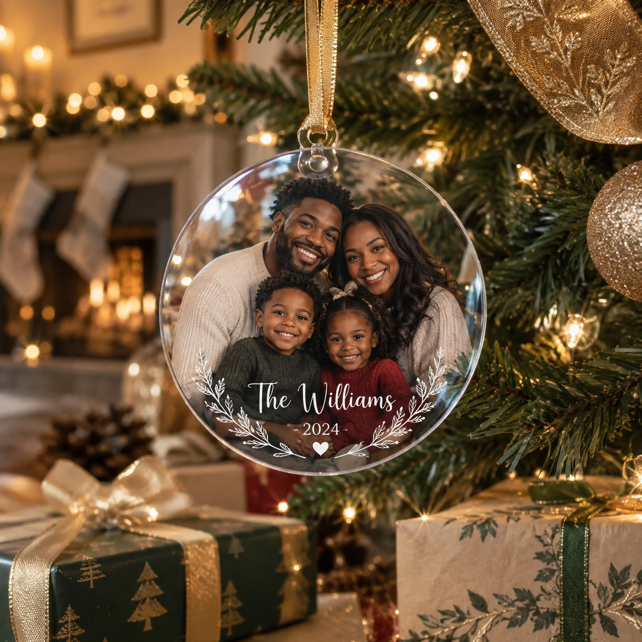 A decorated Christmas tree with ornaments and lights, a glass ornament hanging with a family photo of a smiling man, woman, and two children, and wrapped holiday gifts underneath.