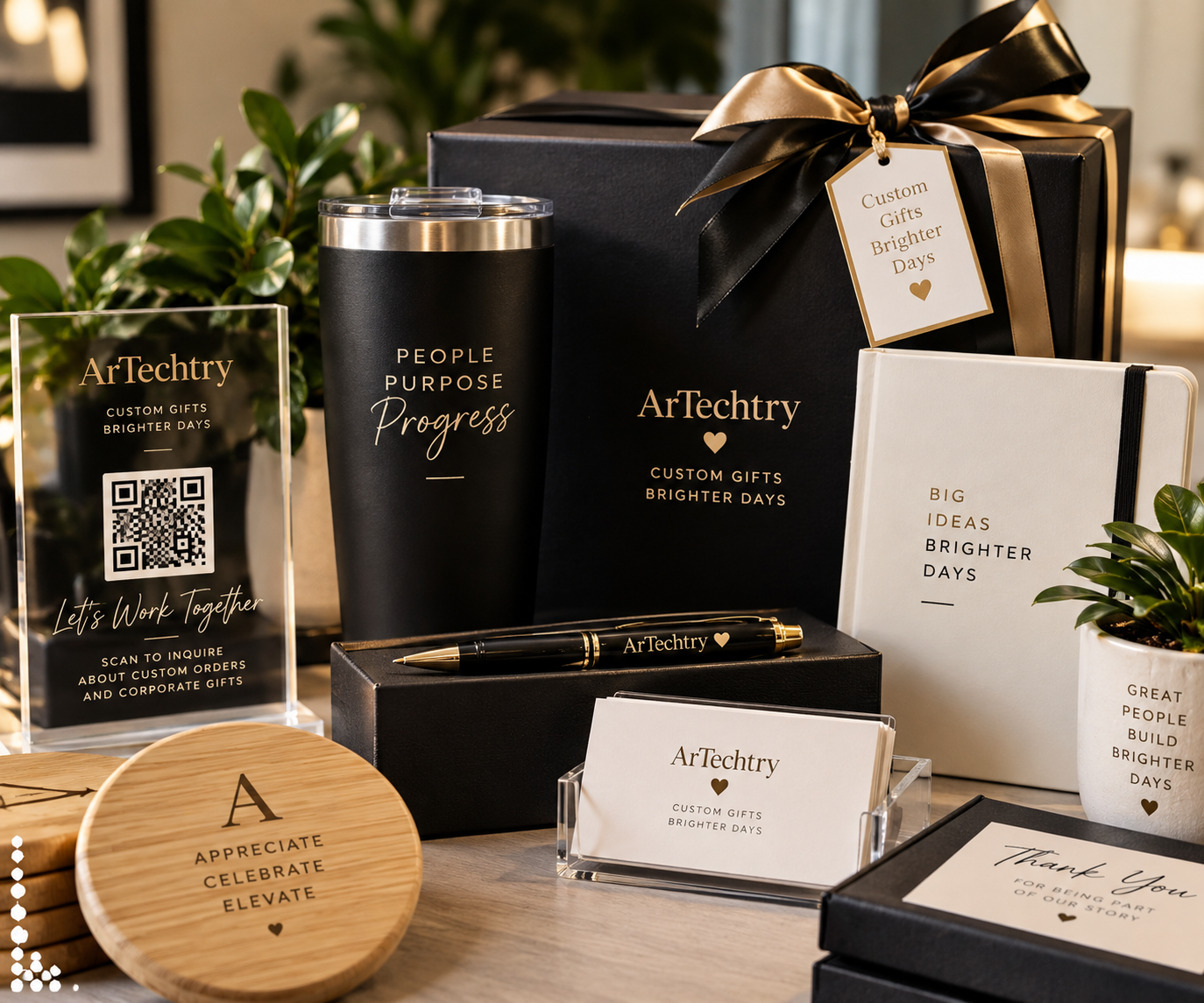A display of custom gift items including a black tumbler with white text, a black gift box with gold ribbon, a white notebook with gold and black text, and various promotional materials for ArTechtry.