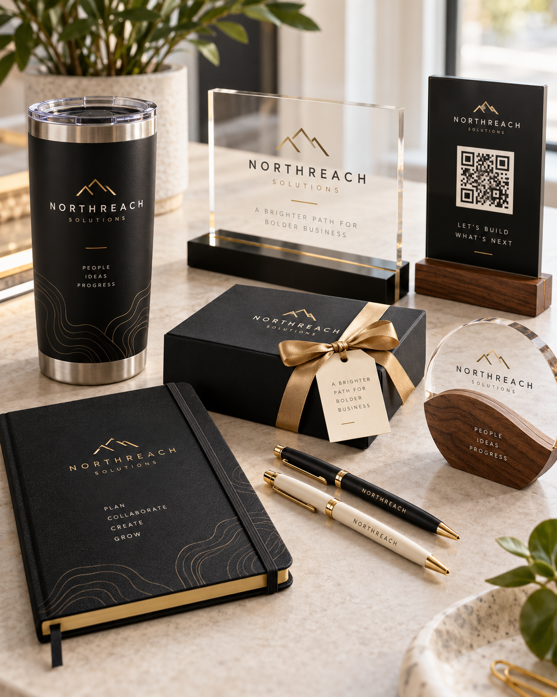 Business promotional items on a desk, including pens, a notebook, a travel mug, a gift box, a clear acrylic sign, a wooden sign with a QR code, and other branded office supplies, all with the Northreach Solutions logo.