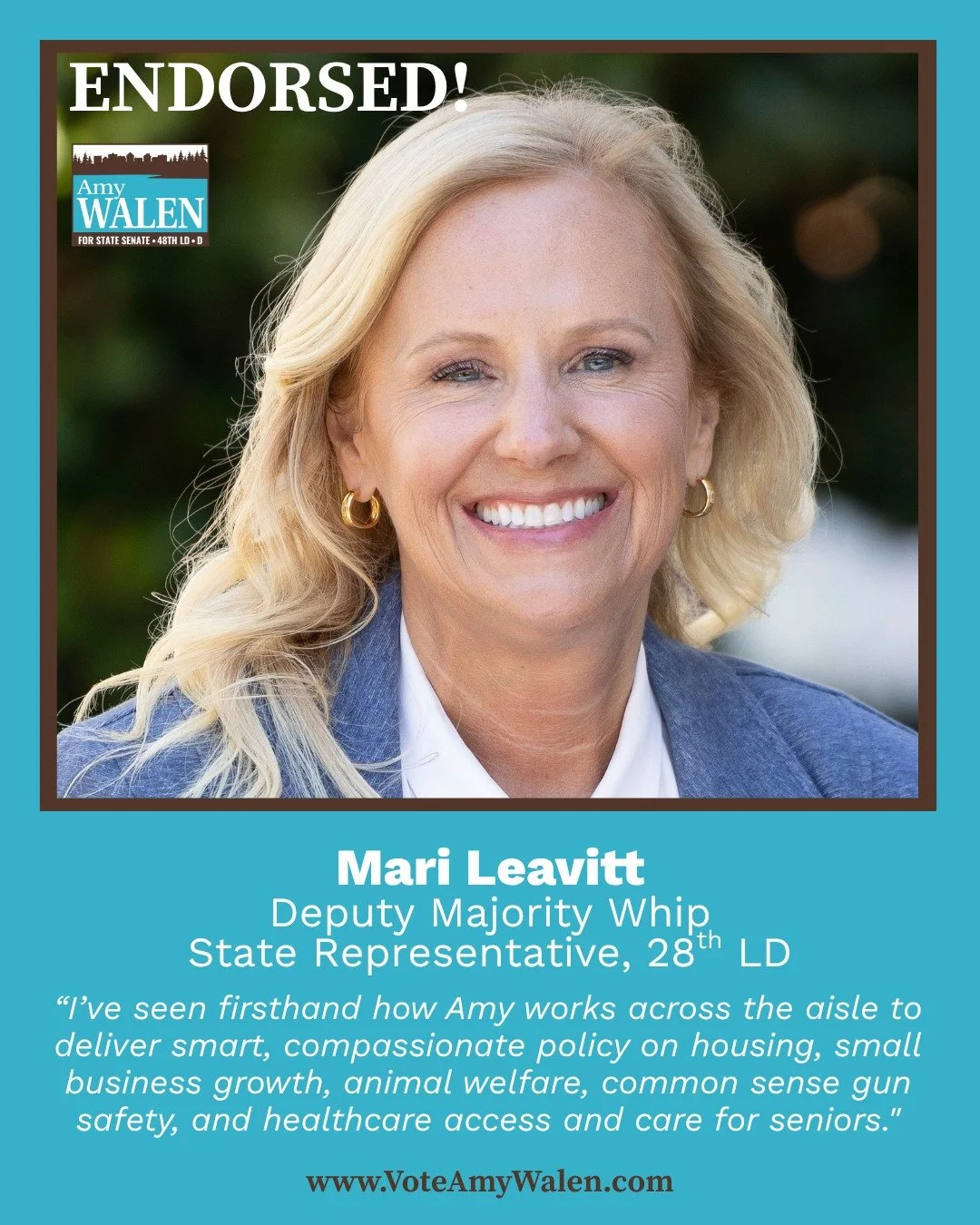 I&rsquo;m thrilled to announce that I&rsquo;ve been endorsed by Deputy Majority Whip, Representative Mari Leavitt of the 28th legislative district!

&ldquo;Amy Walen brings the heart of a community leader and the skill of a seasoned legislator to eve