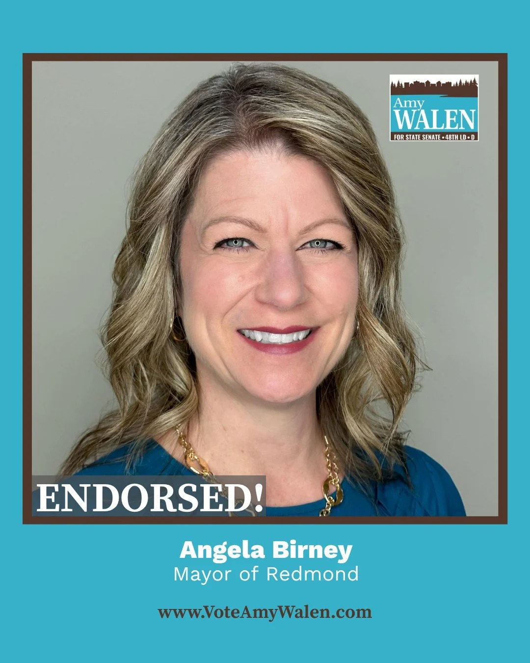 Thank you, Angela Birney, for your endorsement of my campaign for state Senate!
As Mayor of Redmond, Angela Birney has shown extraordinary leadership in making Redmond a great place to live and work. She is a strong advocate for building a livable,