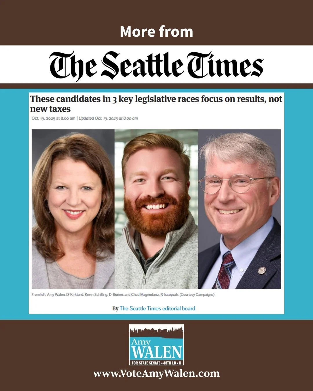 In addition to endorsing me for State Senate, The Seattle Times recently published an editorial highlighting my work, and that of two of my colleagues, that prioritizes results for Washingtonians over party politics. 
Of myself, Kevin Schilling, and