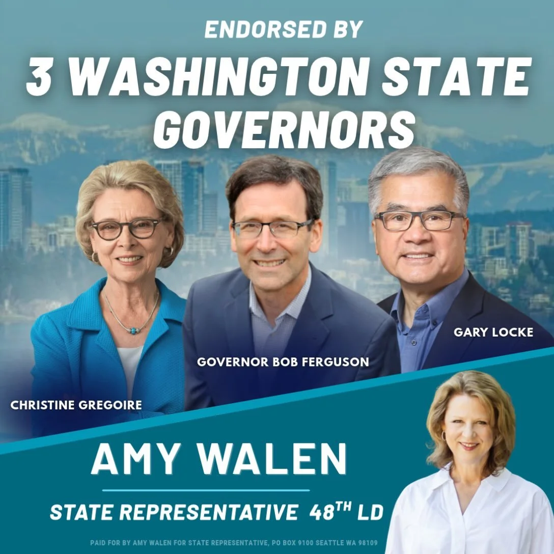 3 Washington State Governors endorse Amy Walen! 🗳️

Grateful for the support of former Washington State Governors Christine Gregoire and Gary Locke, alongside current Governor Bob Ferguson. Thank you all so much for your support! Two weeks to go unt